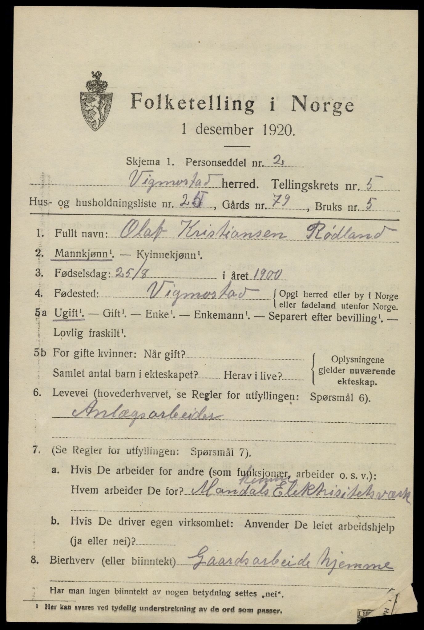 SAK, Folketelling 1920 for 1028 Vigmostad herred, 1920, s. 1919