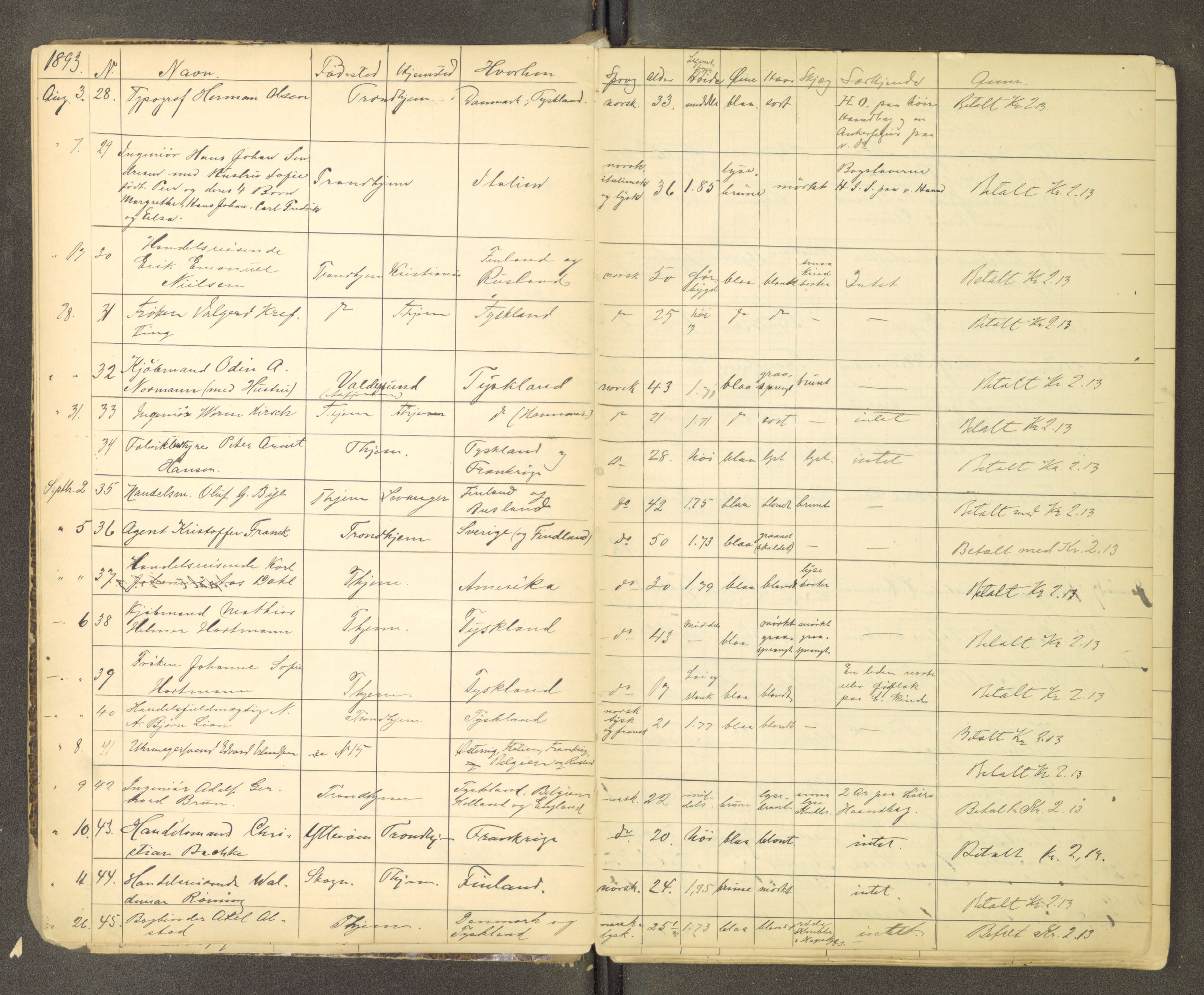 Trondheim politikammer, AV/SAT-A-1887/1/30/L0012: Passprotokoll. Utstedte pass, 1890-1908