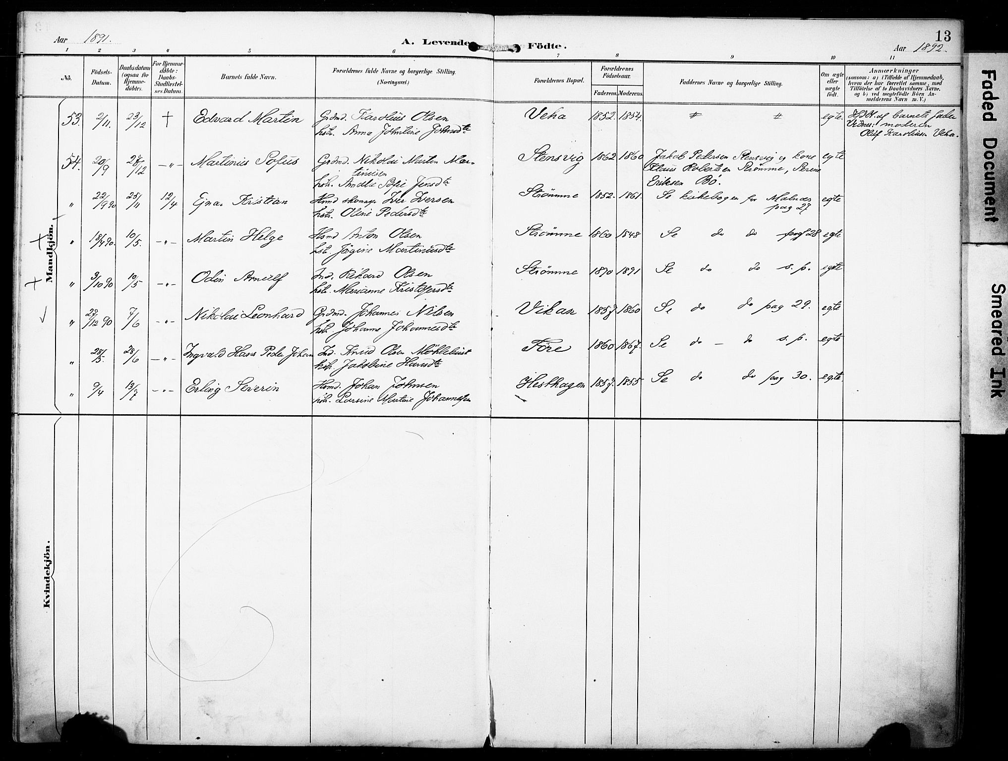 Ministerialprotokoller, klokkerbøker og fødselsregistre - Nordland, AV/SAT-A-1459/891/L1303: Ministerialbok nr. 891A08, 1891-1894, s. 13