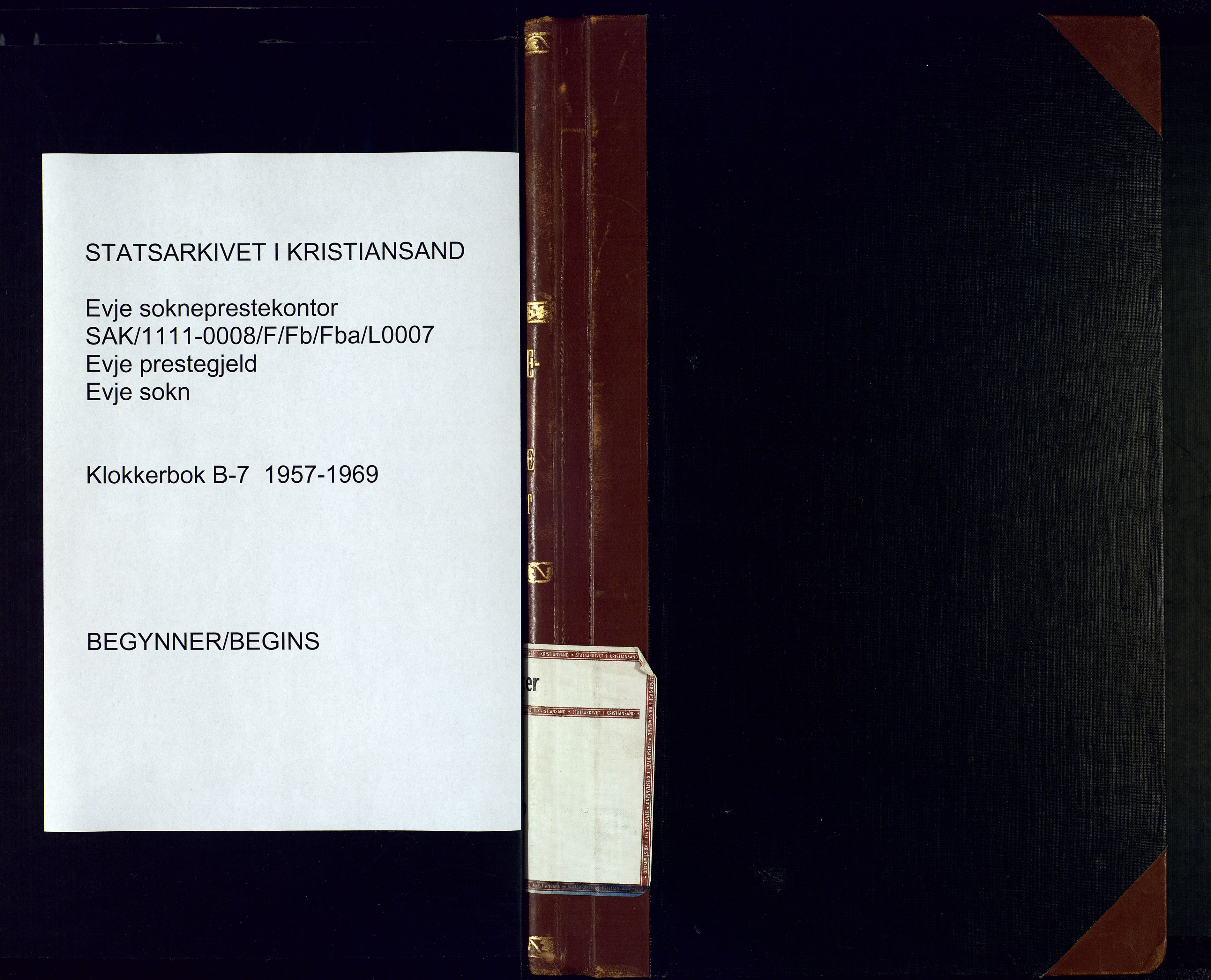 Evje sokneprestkontor, AV/SAK-1111-0008/F/Fb/Fba/L0007: Klokkerbok nr. B-7, 1957-1969