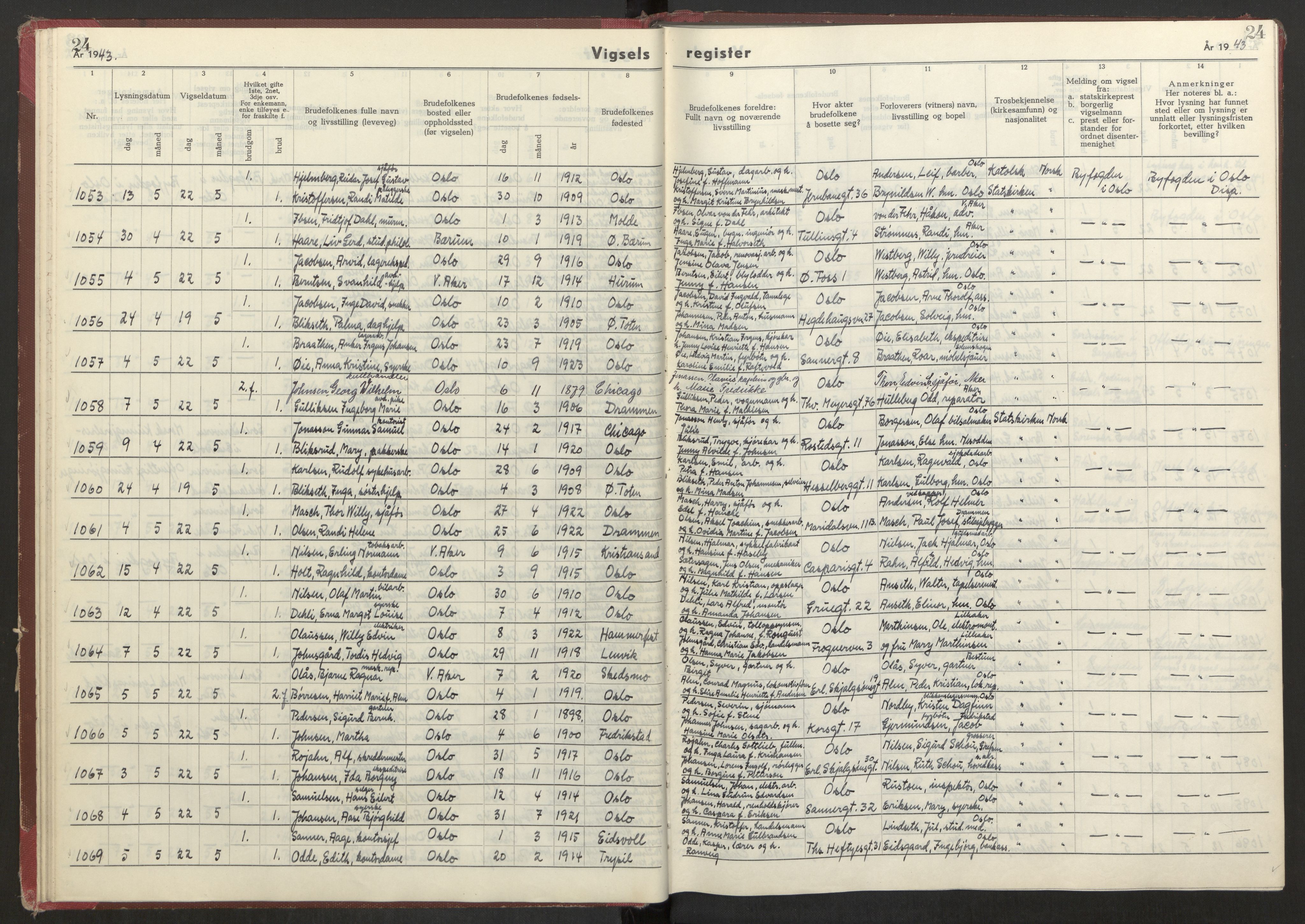 Oslo folkeregister, AV/SAO-A-10991/G/Ga/L0004: Vigselsregister for Oslo, 1943-1944, s. 24