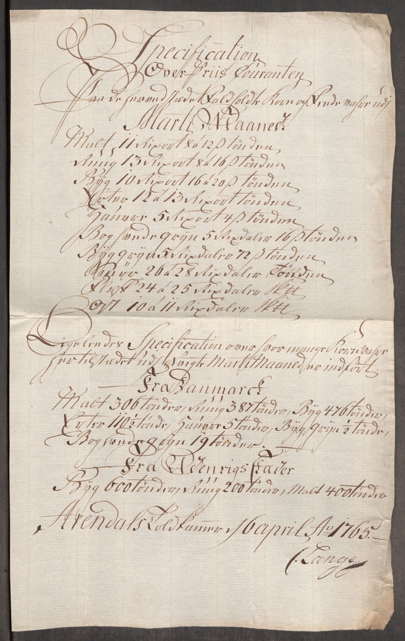 Rentekammeret inntil 1814, Realistisk ordnet avdeling, RA/EA-4070/Oe/L0008: [Ø1]: Priskuranter, 1764-1768, s. 437