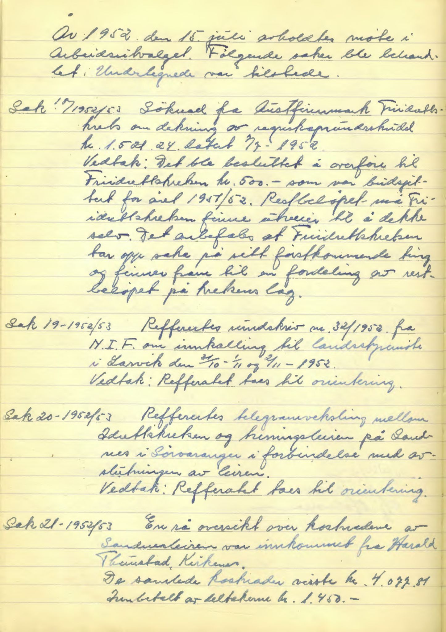 Aust-Finnmark Idrettskrets , FMFB/A-1041/A/L0002: Møteprotokoll for  styre, ting og arbeidsutvalg, 1951-1954, s. 57