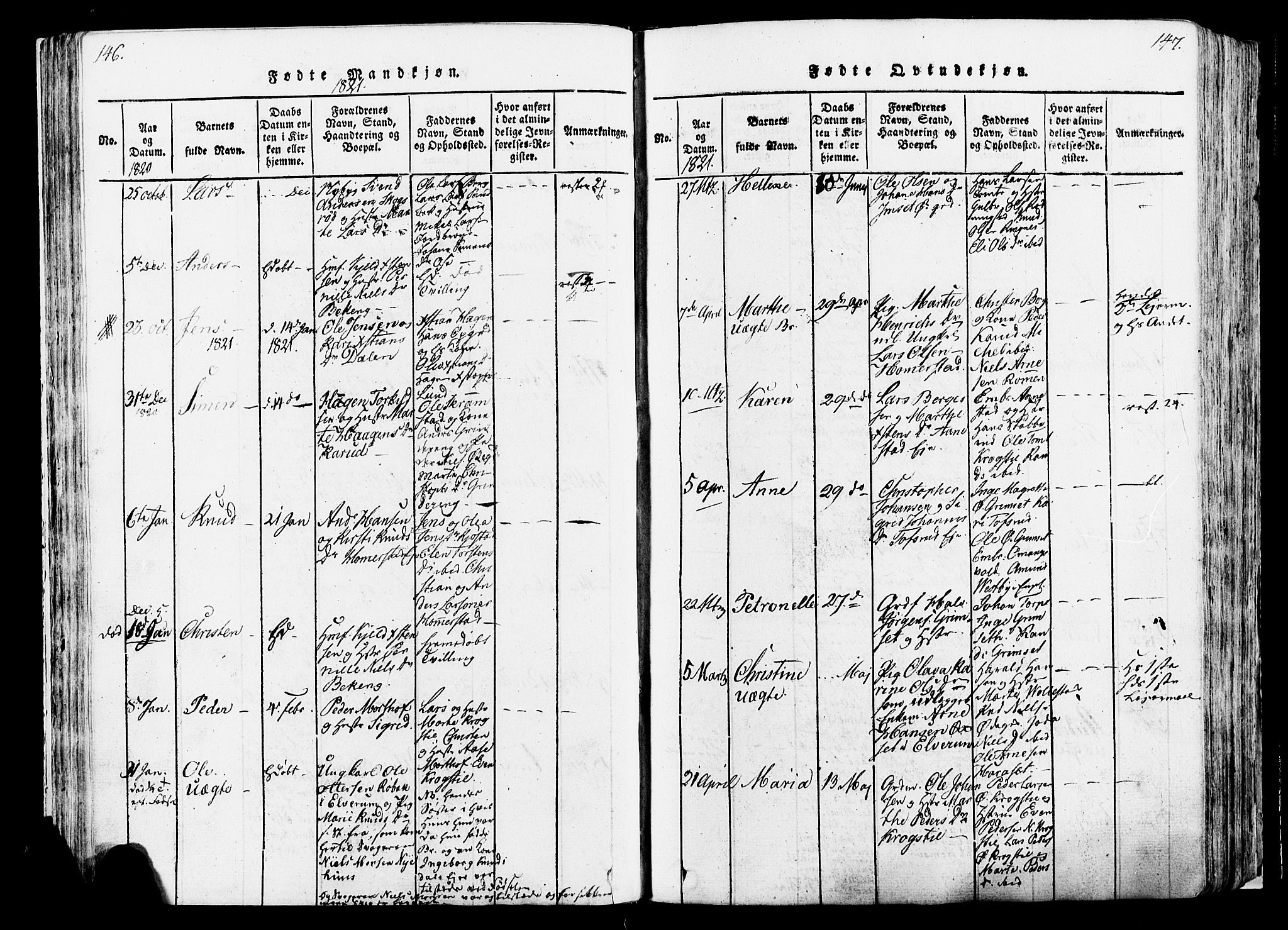 Løten prestekontor, AV/SAH-PREST-022/K/Ka/L0005: Ministerialbok nr. 5, 1814-1832, s. 146-147