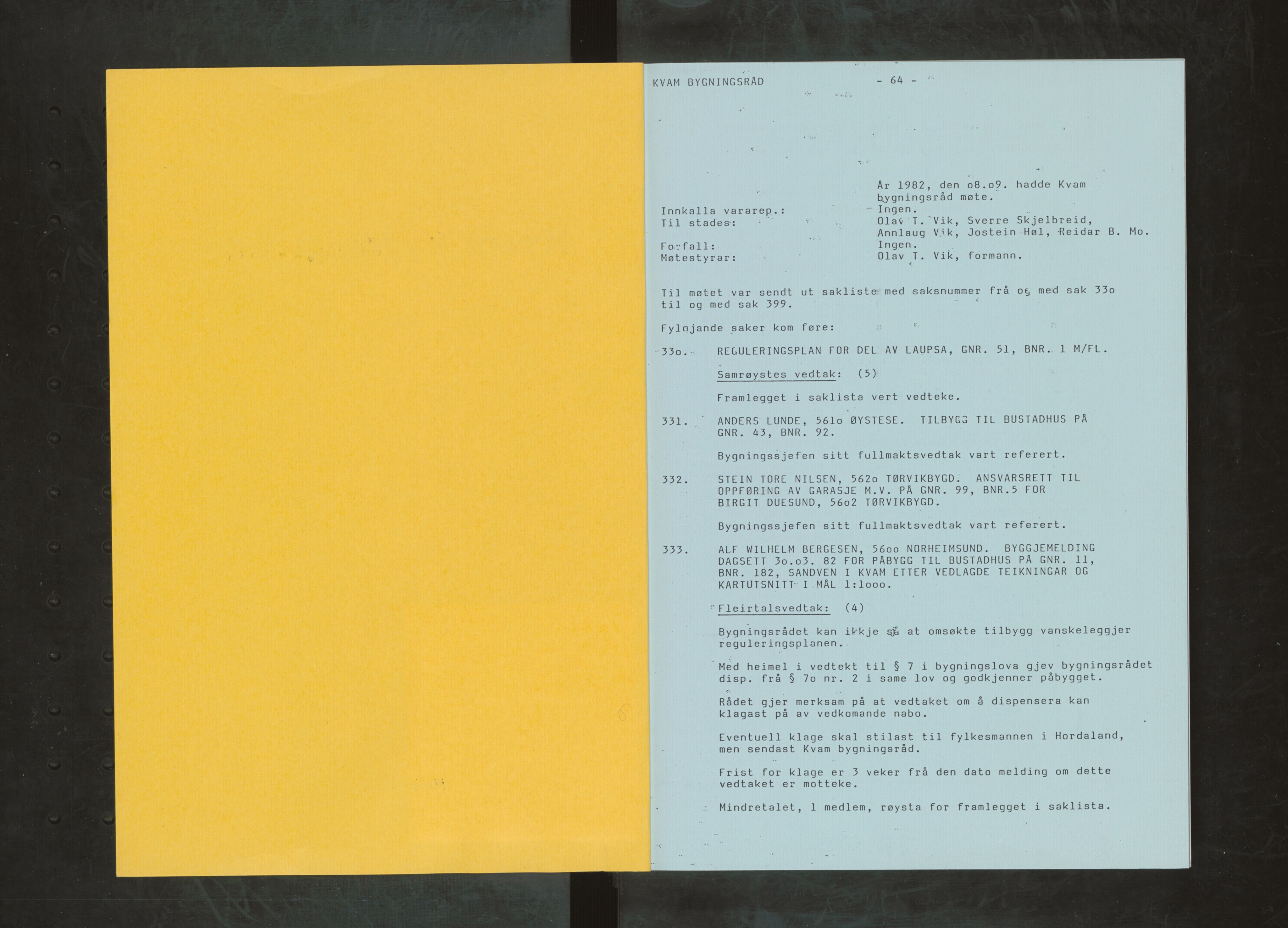 Kvam herad. Bygningsrådet, IKAH/1238-511/A/Ab/L0107: Utskrift av møtebok for Kvam bygningsråd, 1982