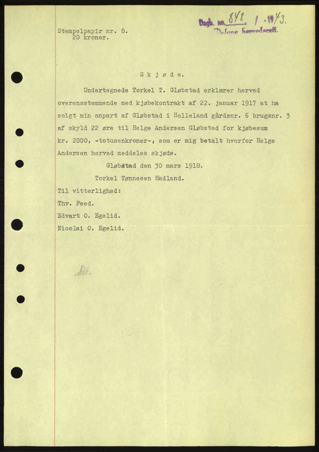 Dalane sorenskriveri, SAST/A-100309/02/G/Gb/L0046: Pantebok nr. A7, 1942-1943, Dagboknr: 848/1943