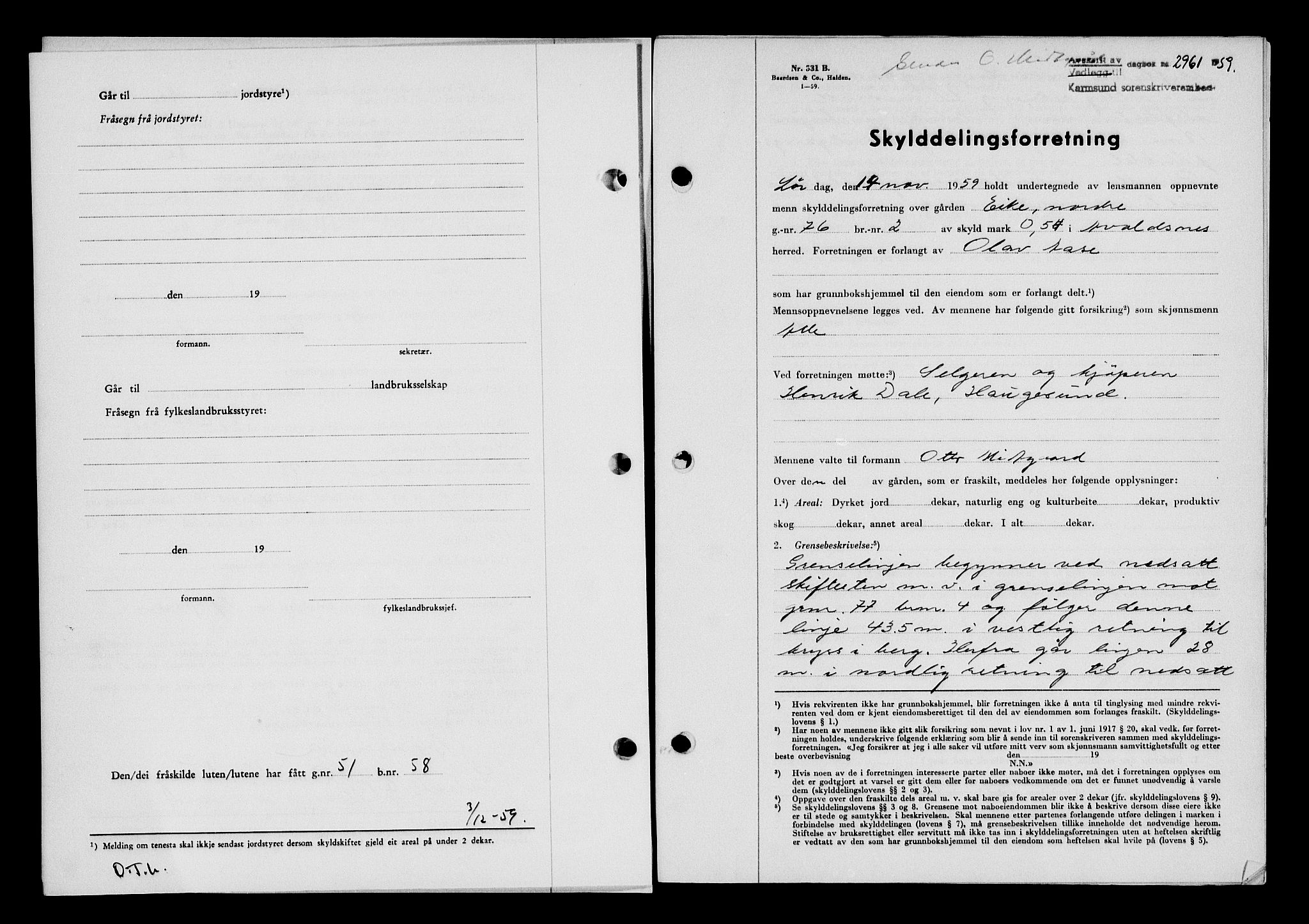 Karmsund sorenskriveri, SAST/A-100311/01/II/IIB/L0132: Pantebok nr. 112A, 1959-1959, Dagboknr: 2961/1959