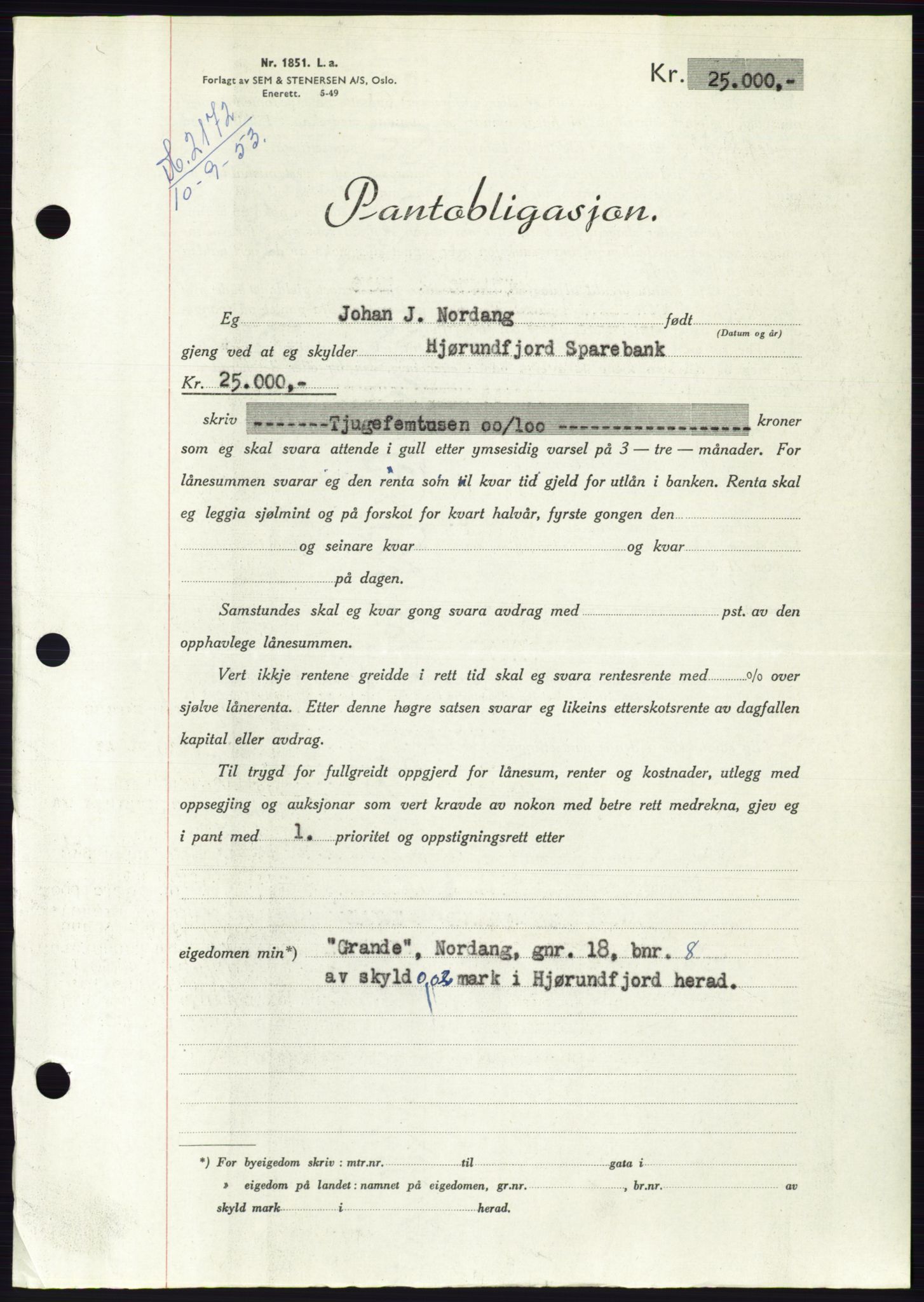 Søre Sunnmøre sorenskriveri, SAT/A-4122/1/2/2C/L0123: Pantebok nr. 11B, 1953-1953, Dagboknr: 2172/1953