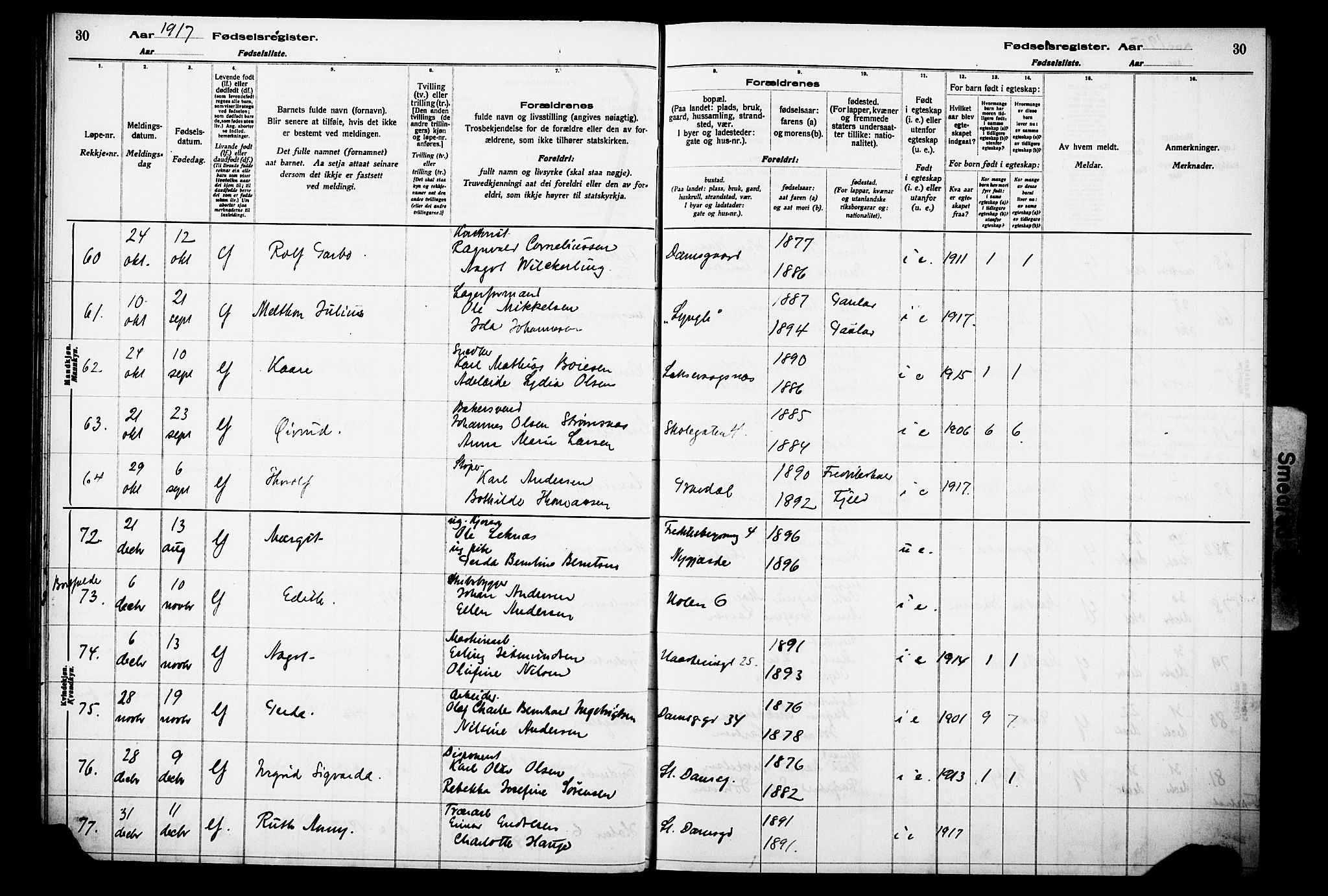 Laksevåg Sokneprestembete, SAB/A-76501/I/Id/L00A1: Fødselsregister nr. A 1, 1916-1926, s. 30