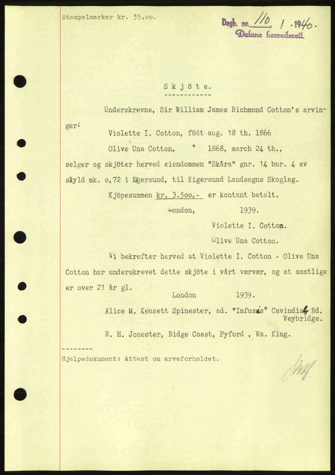 Dalane sorenskriveri, SAST/A-100309/02/G/Gb/L0044: Pantebok nr. A5, 1940-1941, Dagboknr: 110/1940