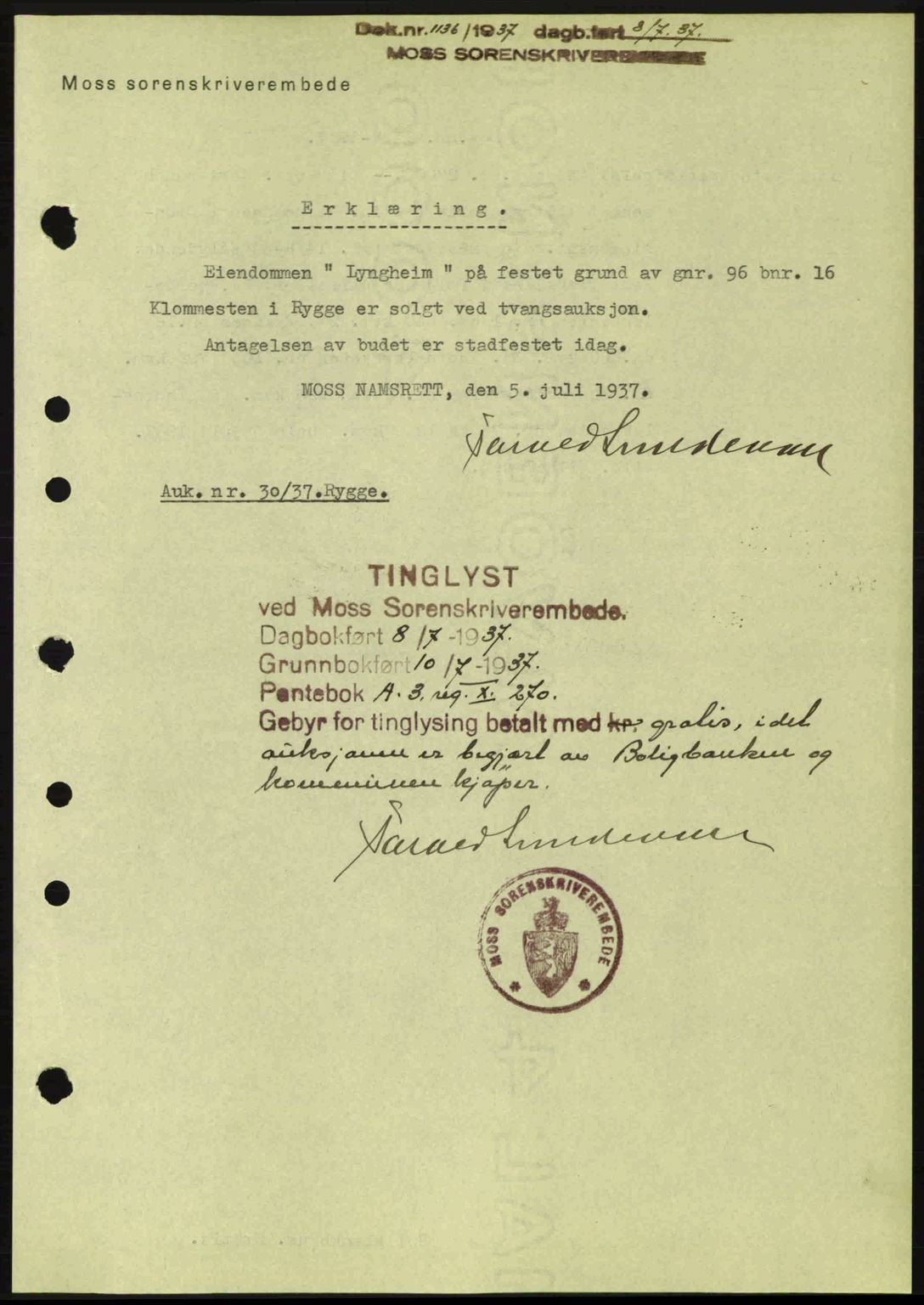 Moss sorenskriveri, SAO/A-10168: Pantebok nr. B3, 1937-1937, Dagboknr: 1136/1937