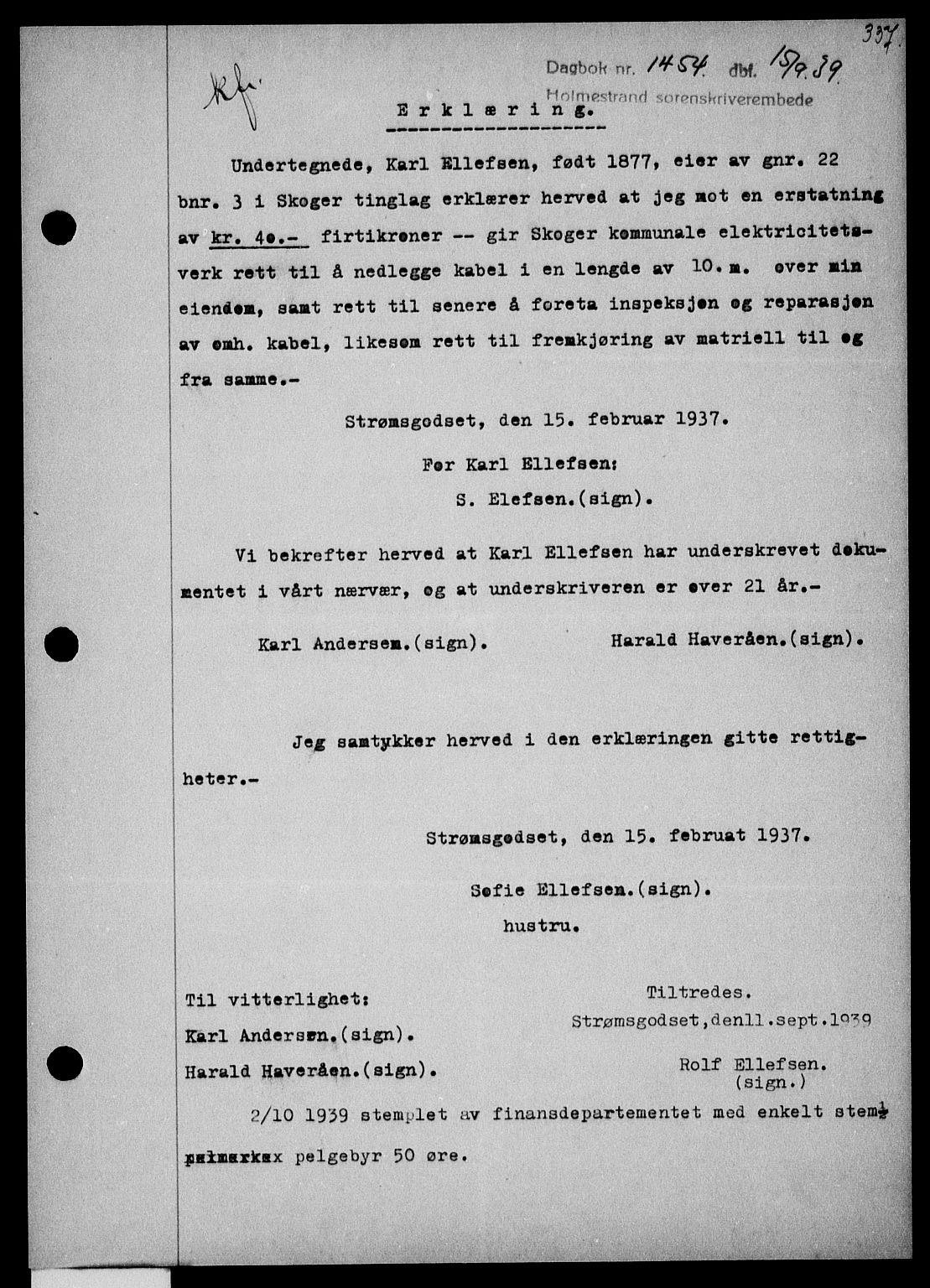 Holmestrand sorenskriveri, SAKO/A-67/G/Ga/Gaa/L0051: Pantebok nr. A-51, 1939-1940, Dagboknr: 1454/1939