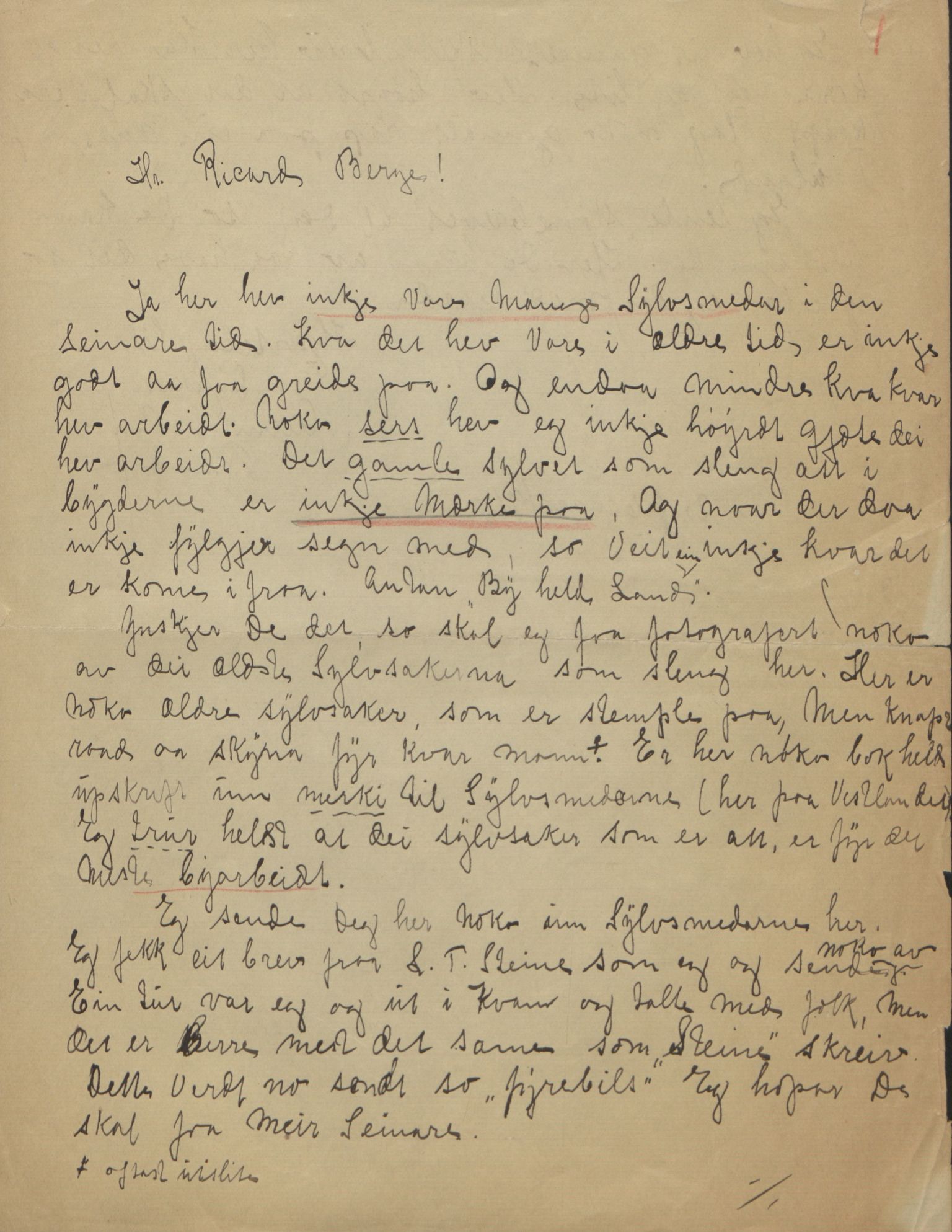 Rikard Berge, TEMU/TGM-A-1003/F/L0010/0013: 357-380 / 369 Brev til R. Berge fra Aam. K. Bu, Ring... Ark med biografiske opplysninger?, 1917, s. 1