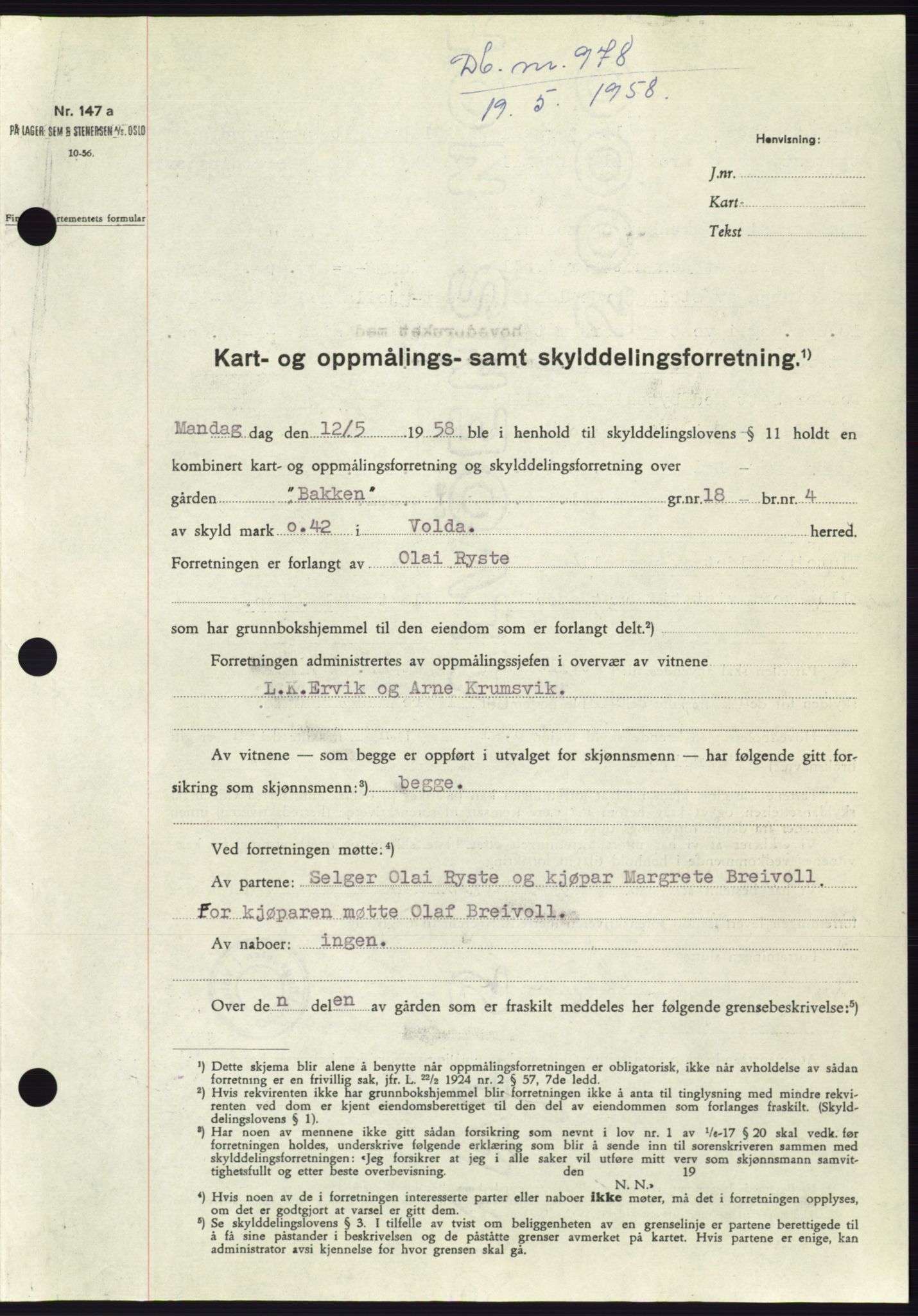 Søre Sunnmøre sorenskriveri, SAT/A-4122/1/2/2C/L0109: Pantebok nr. 35A, 1958-1958, Dagboknr: 978/1958