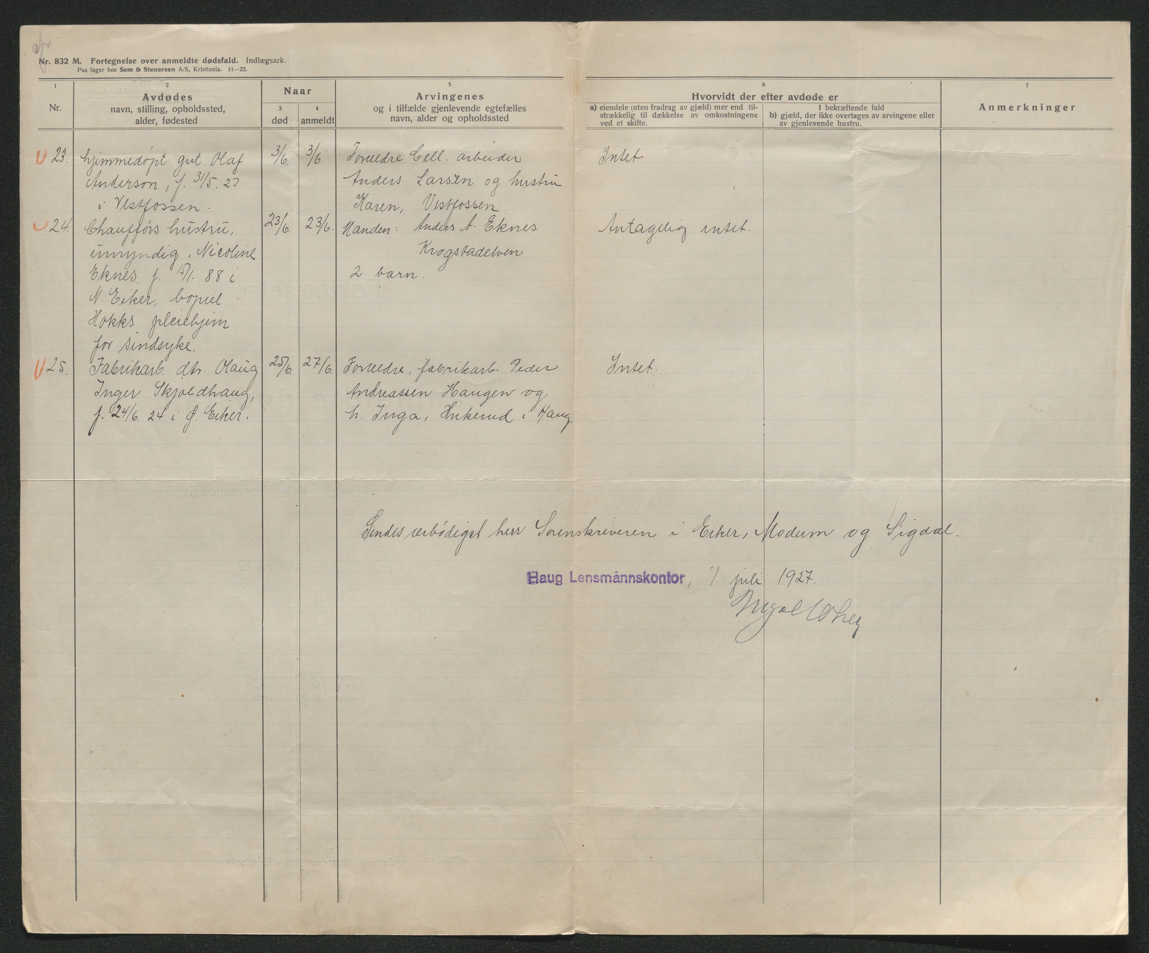 Eiker, Modum og Sigdal sorenskriveri, AV/SAKO-A-123/H/Ha/Hab/L0044: Dødsfallsmeldinger, 1926-1927, s. 798