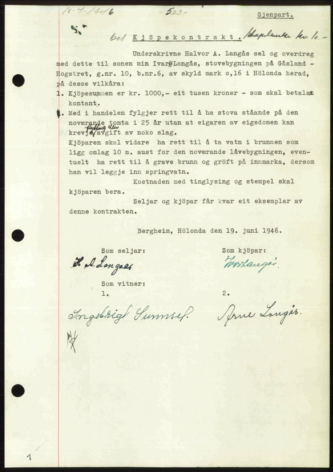Gauldal sorenskriveri, SAT/A-0014/1/2/2C: Pantebok nr. A2, 1946-1946, Dagboknr: 601/1946