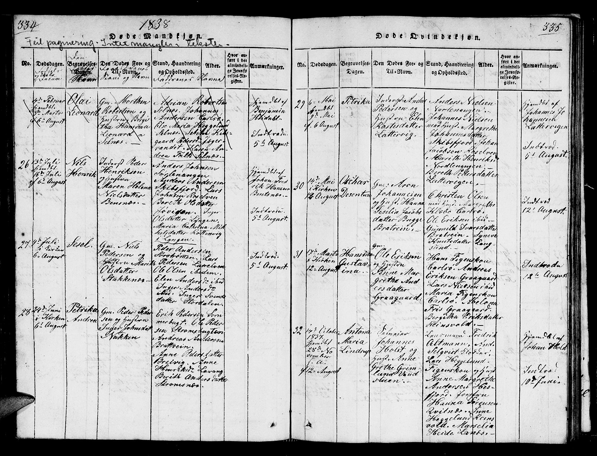 Karlsøy sokneprestembete, AV/SATØ-S-1299/H/Ha/Hab/L0001klokker: Klokkerbok nr. 1, 1821-1840, s. 334-335