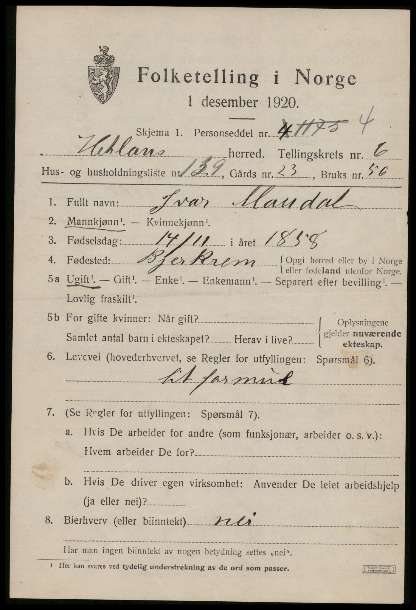 SAST, Folketelling 1920 for 1126 Hetland herred, 1920, s. 11803