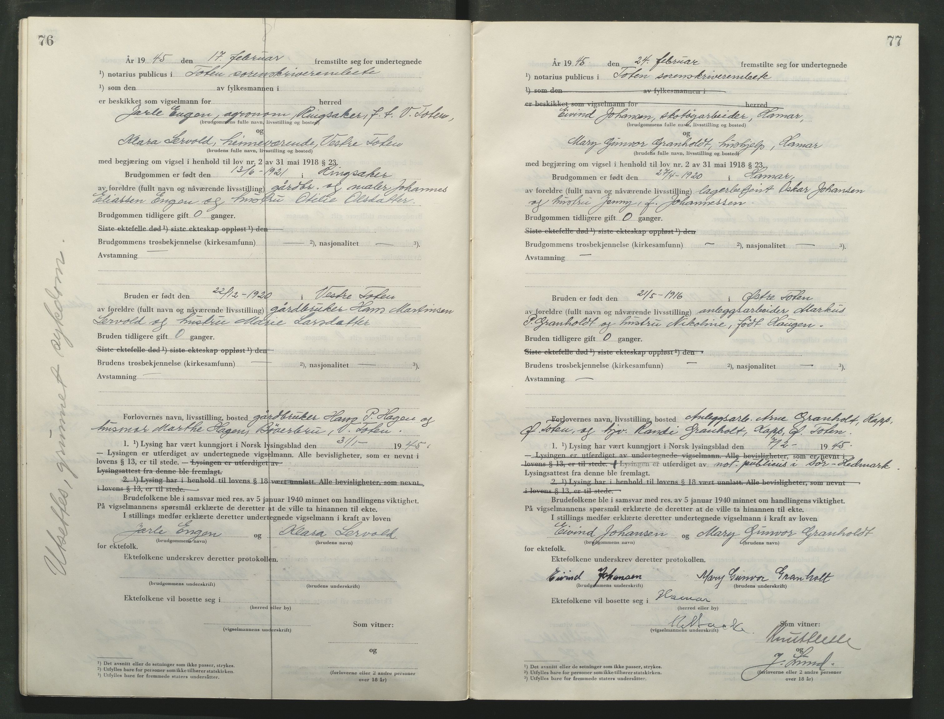 Toten tingrett, AV/SAH-TING-006/L/Lc/L0005: Vigselbok, 1944-1948, s. 76-77