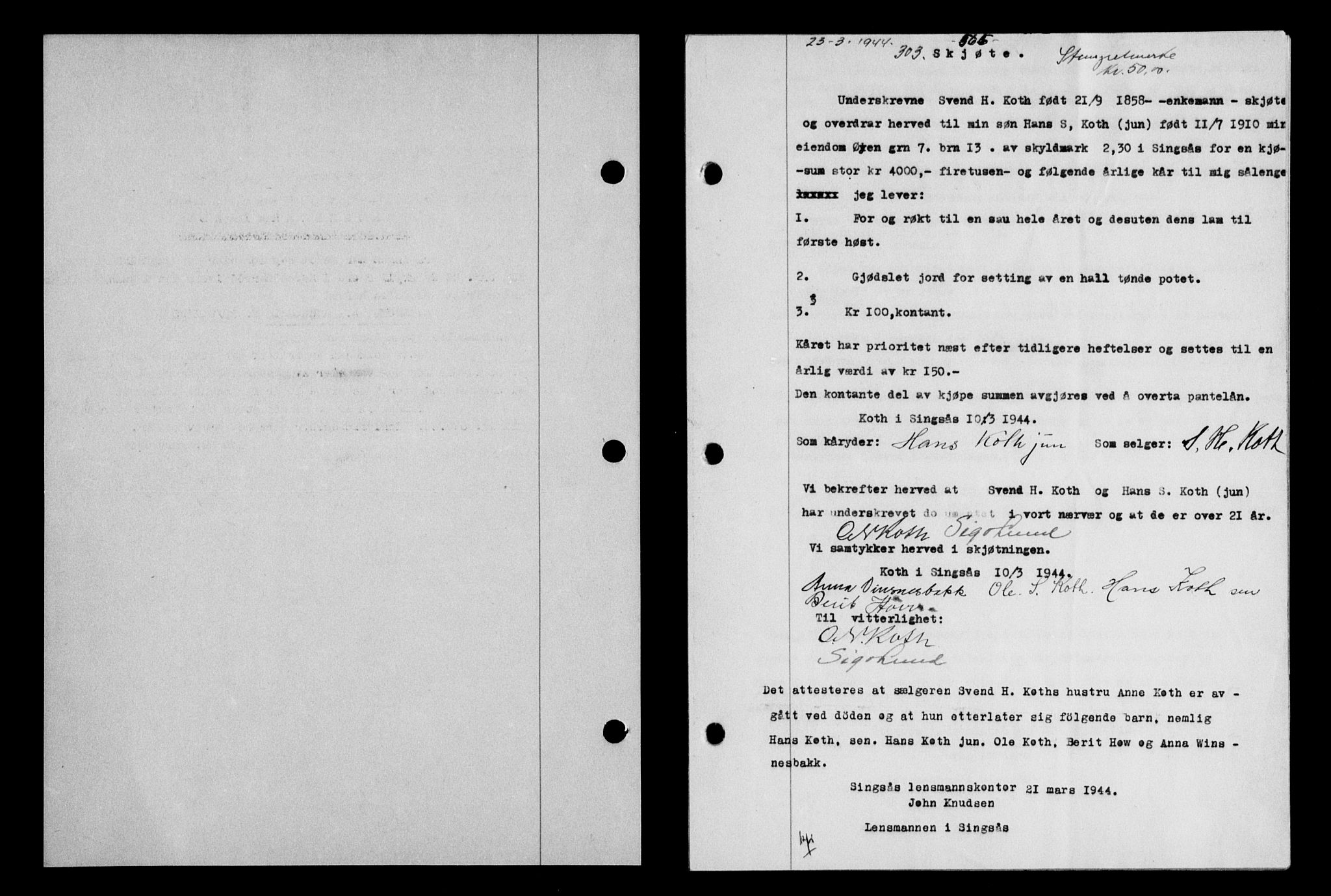 Gauldal sorenskriveri, SAT/A-0014/1/2/2C/L0057: Pantebok nr. 62, 1943-1944, Dagboknr: 303/1944