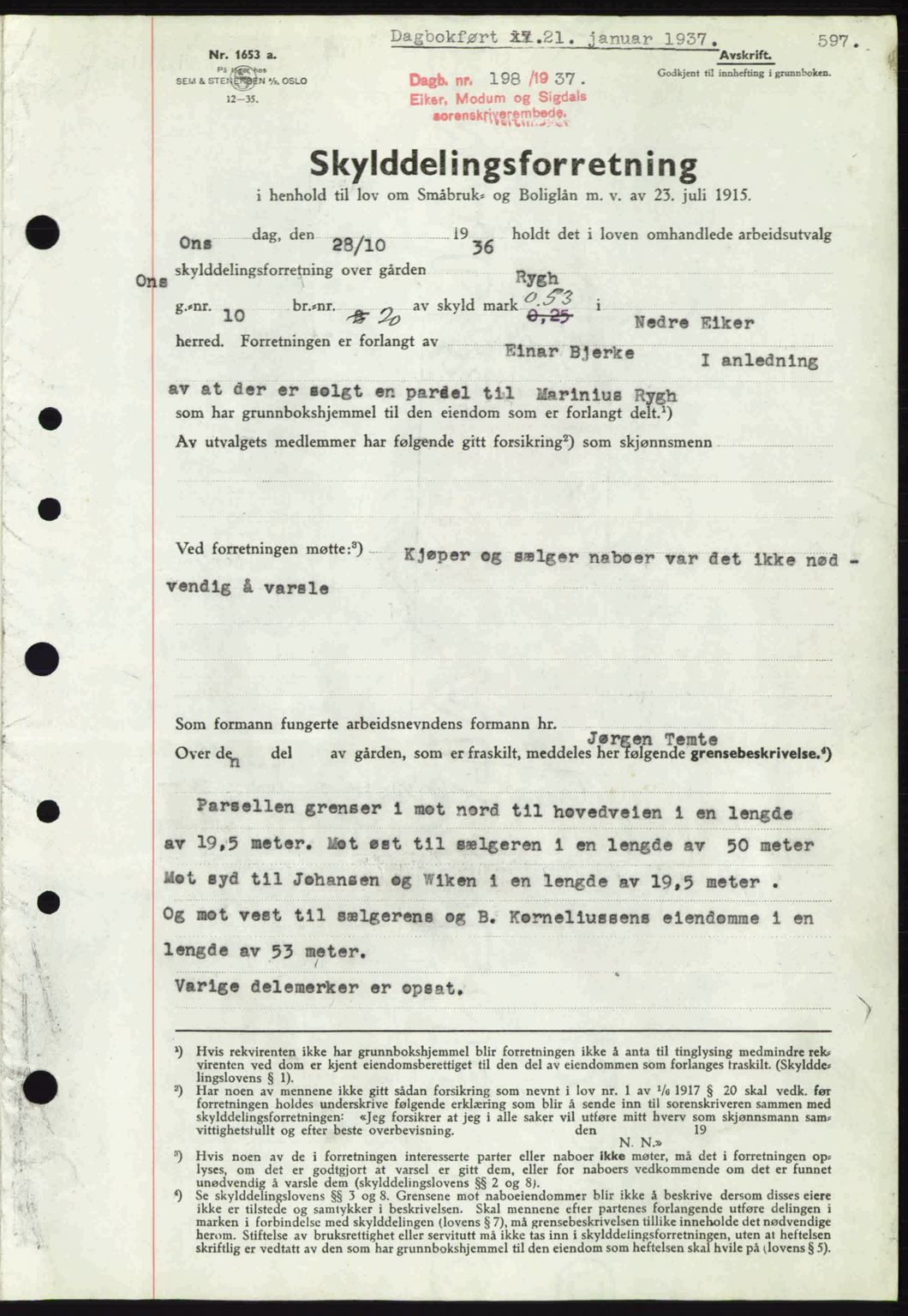 Eiker, Modum og Sigdal sorenskriveri, SAKO/A-123/G/Ga/Gab/L0034: Pantebok nr. A4, 1936-1937, Dagboknr: 198/1937