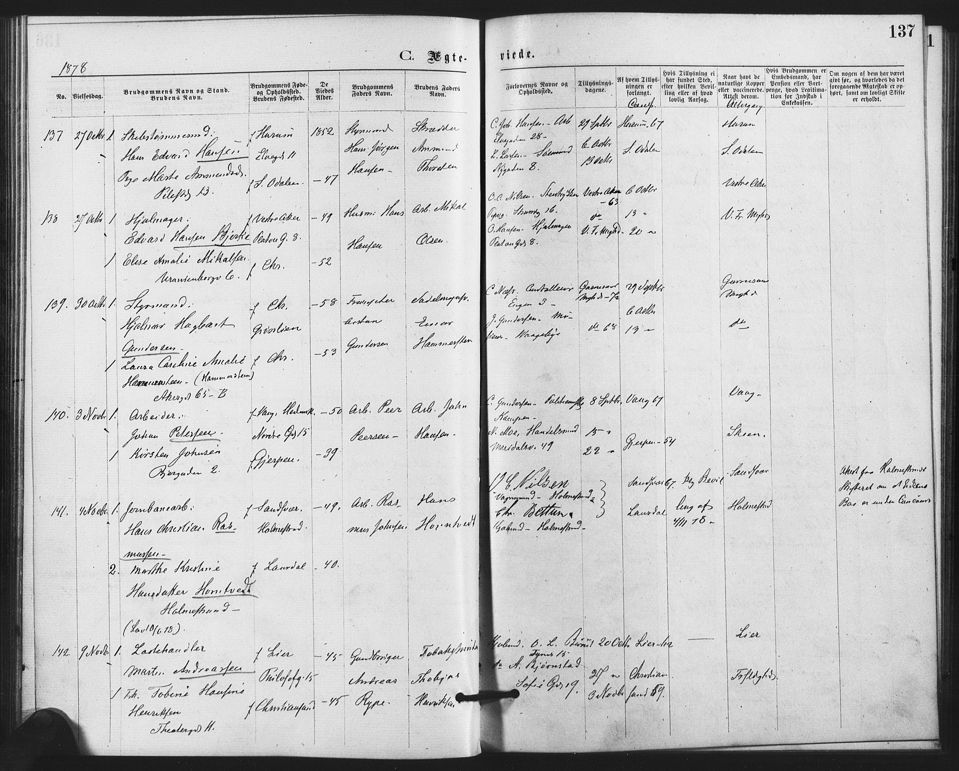Trefoldighet prestekontor Kirkebøker, AV/SAO-A-10882/F/Fc/L0002: Ministerialbok nr. III 2, 1874-1881, s. 137