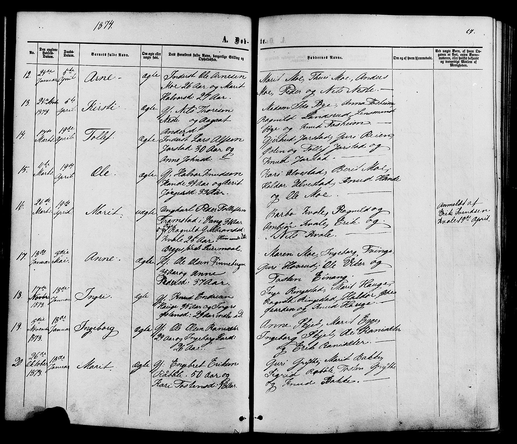 Vestre Slidre prestekontor, AV/SAH-PREST-136/H/Ha/Haa/L0003: Ministerialbok nr. 3, 1865-1880, s. 67
