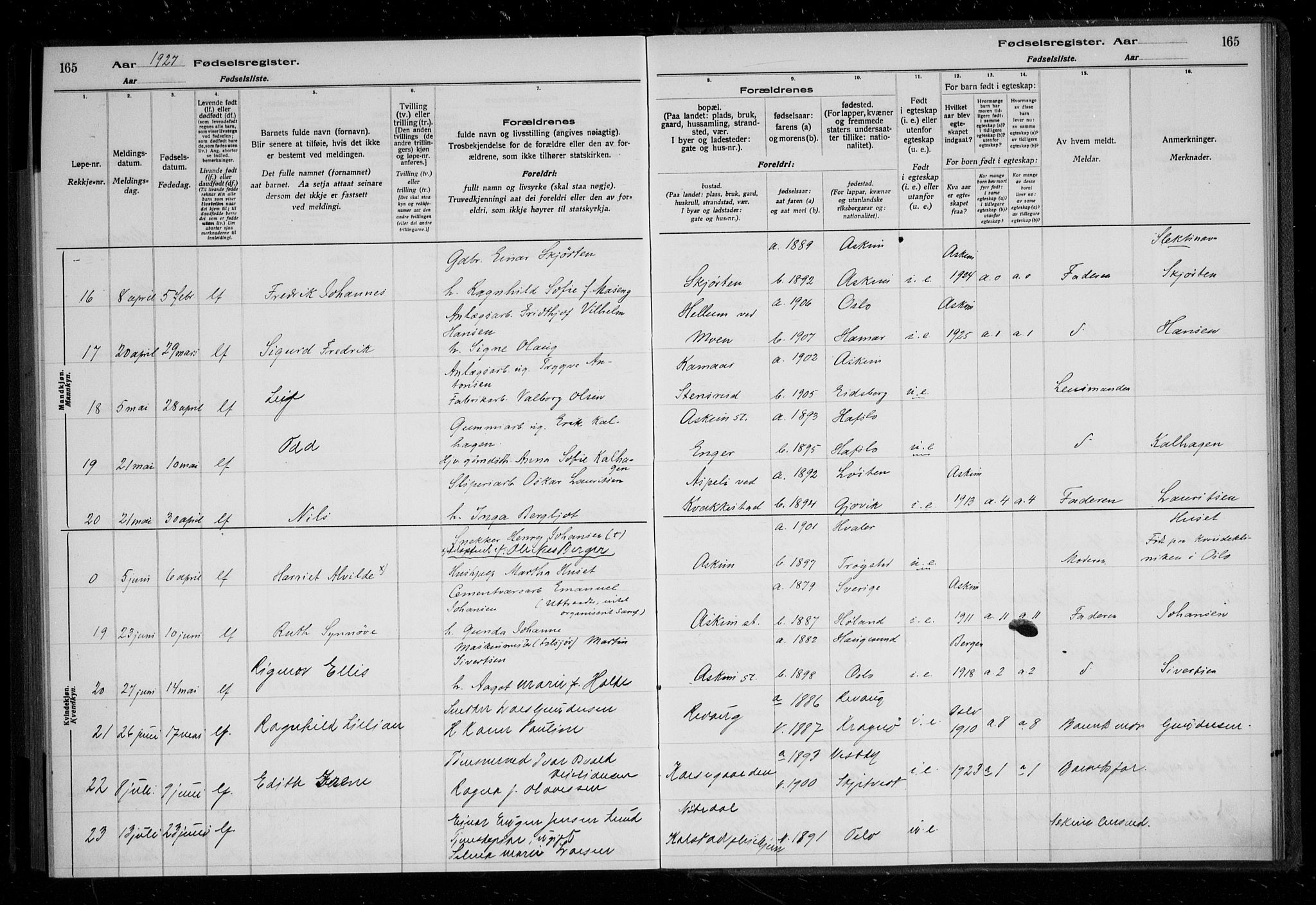 Askim prestekontor Kirkebøker, AV/SAO-A-10900/J/Ja/L0001: Fødselsregister nr. 1, 1916-1929, s. 165