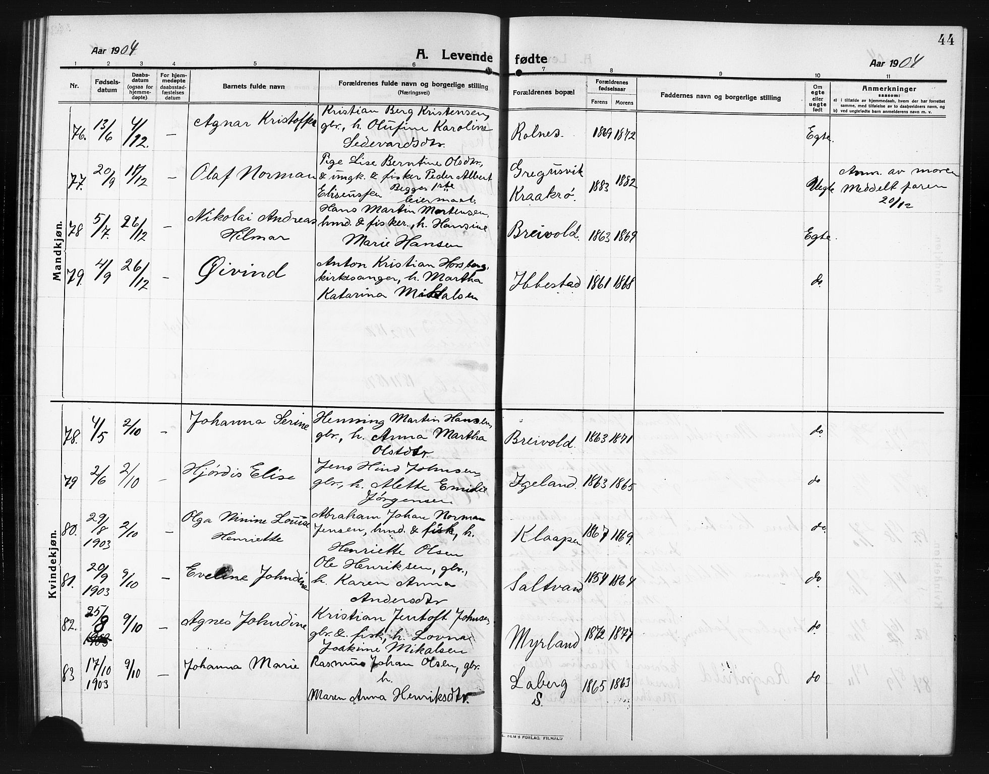Ibestad sokneprestembete, AV/SATØ-S-0077/H/Ha/Hab/L0009klokker: Klokkerbok nr. 9, 1902-1914, s. 44