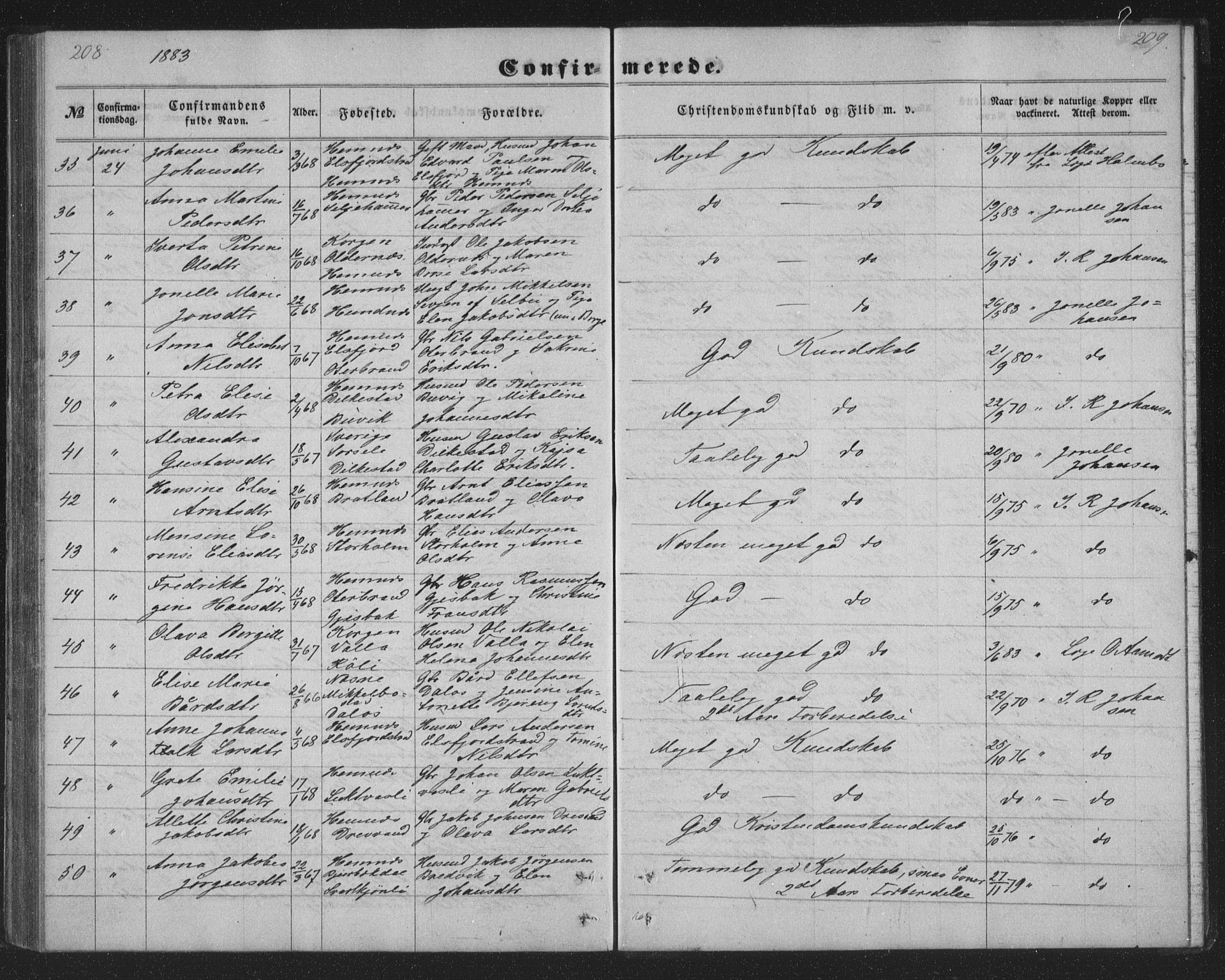 Ministerialprotokoller, klokkerbøker og fødselsregistre - Nordland, AV/SAT-A-1459/825/L0366: Klokkerbok nr. 825C03, 1858-1884, s. 208-209