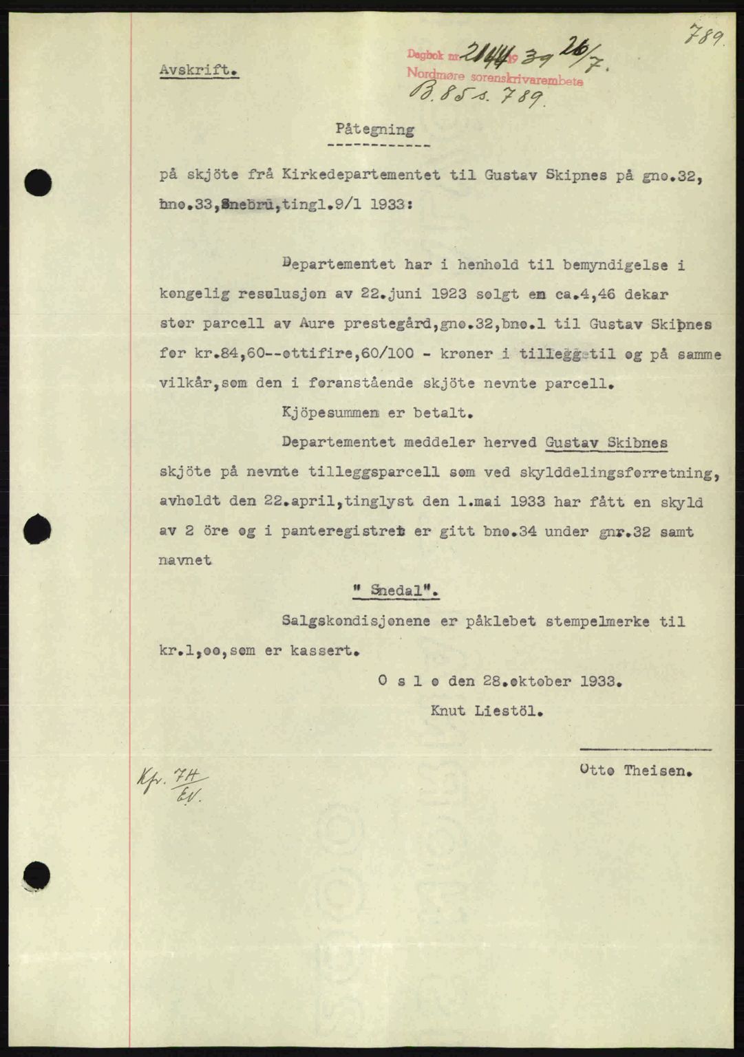Nordmøre sorenskriveri, SAT/A-4132/1/2/2Ca: Pantebok nr. B85, 1939-1939, Dagboknr: 2144/1939