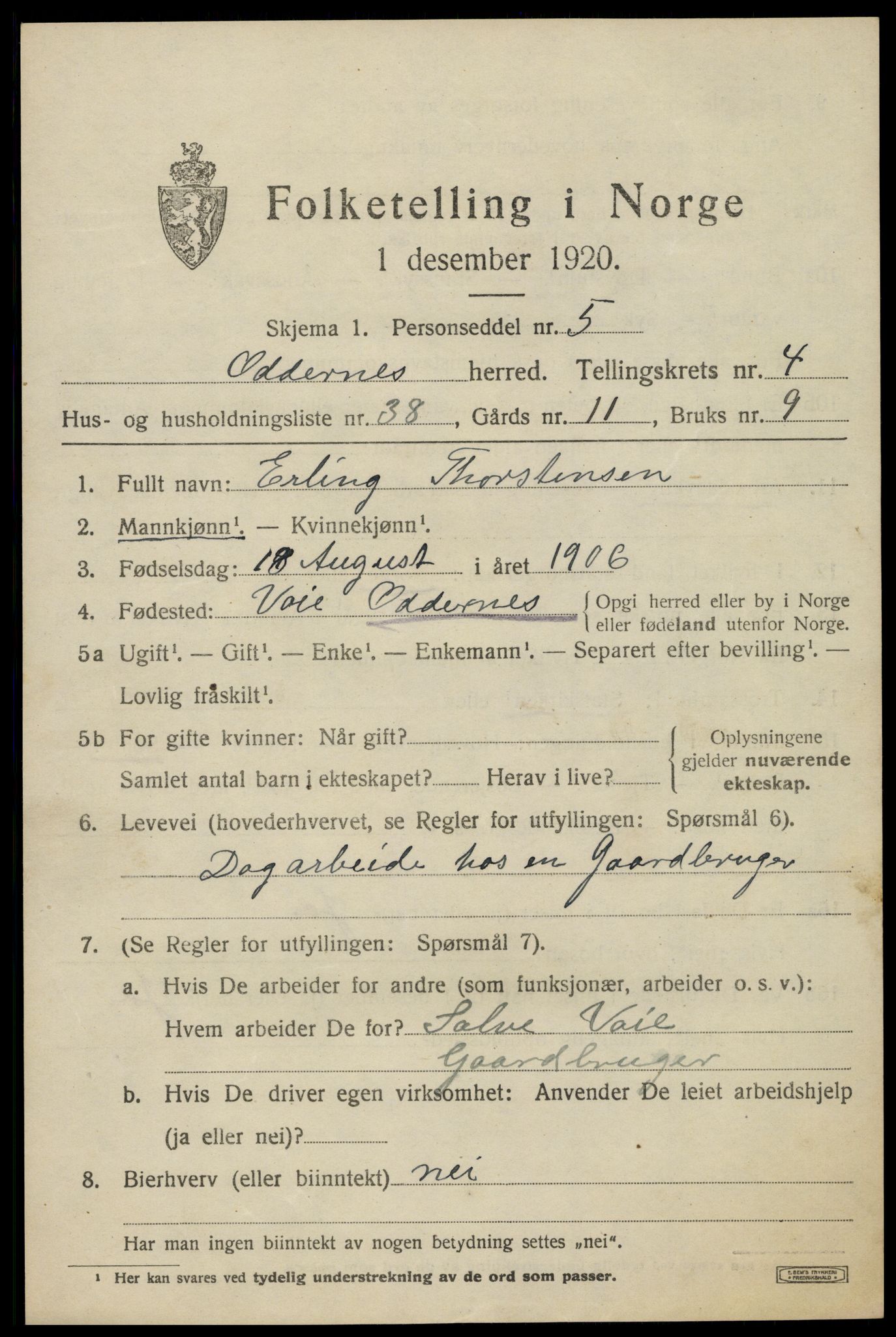 SAK, Folketelling 1920 for 1012 Oddernes herred, 1920, s. 4415