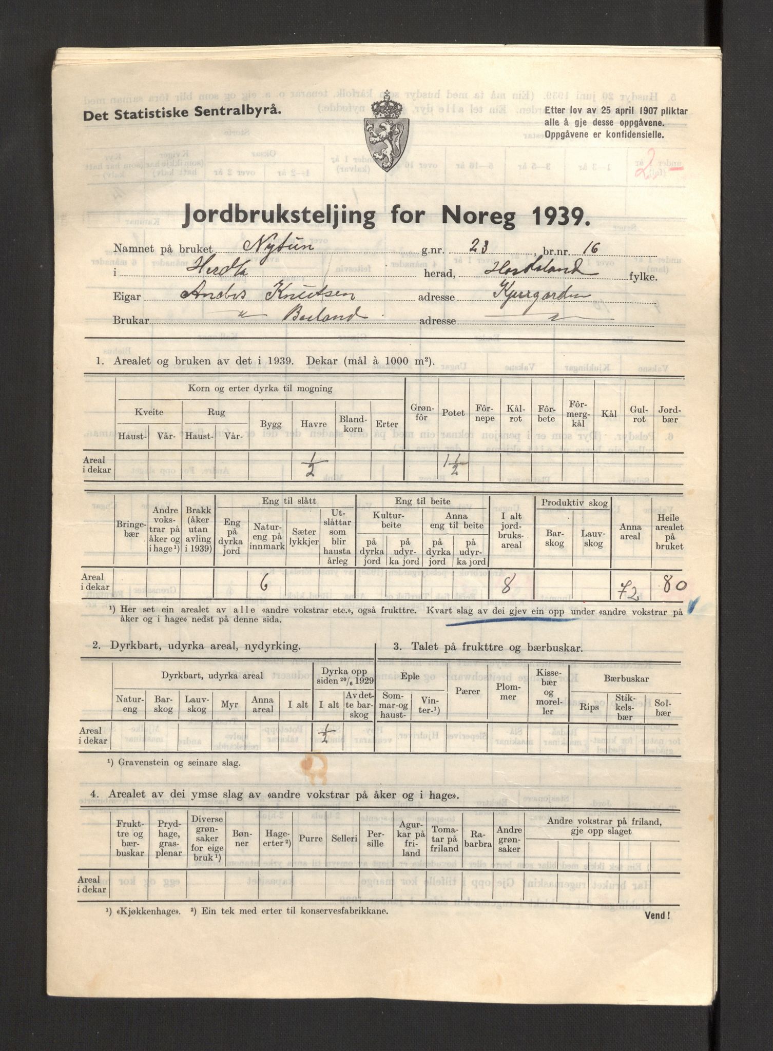 Statistisk sentralbyrå, Næringsøkonomiske emner, Jordbruk, skogbruk, jakt, fiske og fangst, AV/RA-S-2234/G/Gb/L0211: Hordaland: Herdla, Hjelme og Manger, 1939, s. 227