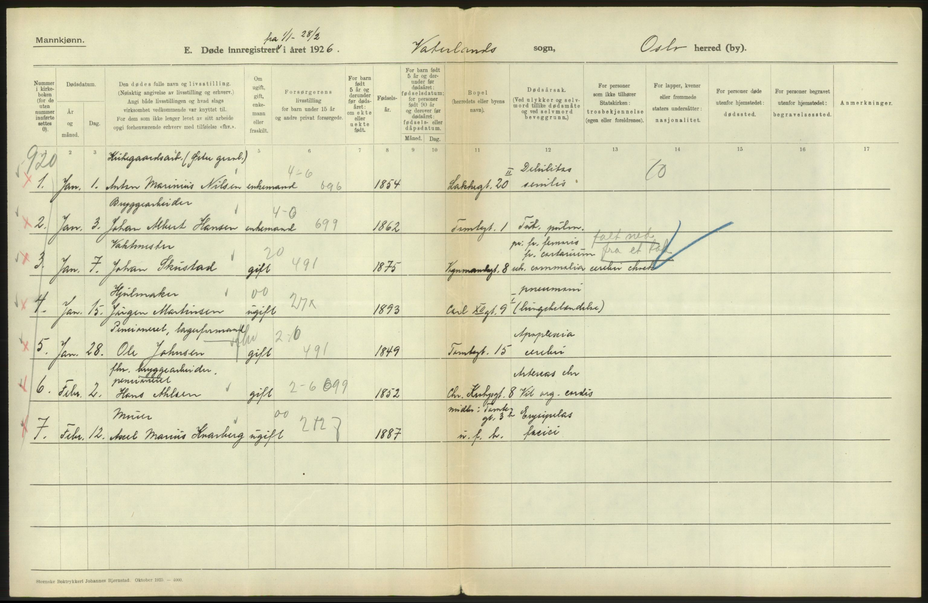 Statistisk sentralbyrå, Sosiodemografiske emner, Befolkning, AV/RA-S-2228/D/Df/Dfc/Dfcf/L0009: Oslo: Døde menn, 1926, s. 462