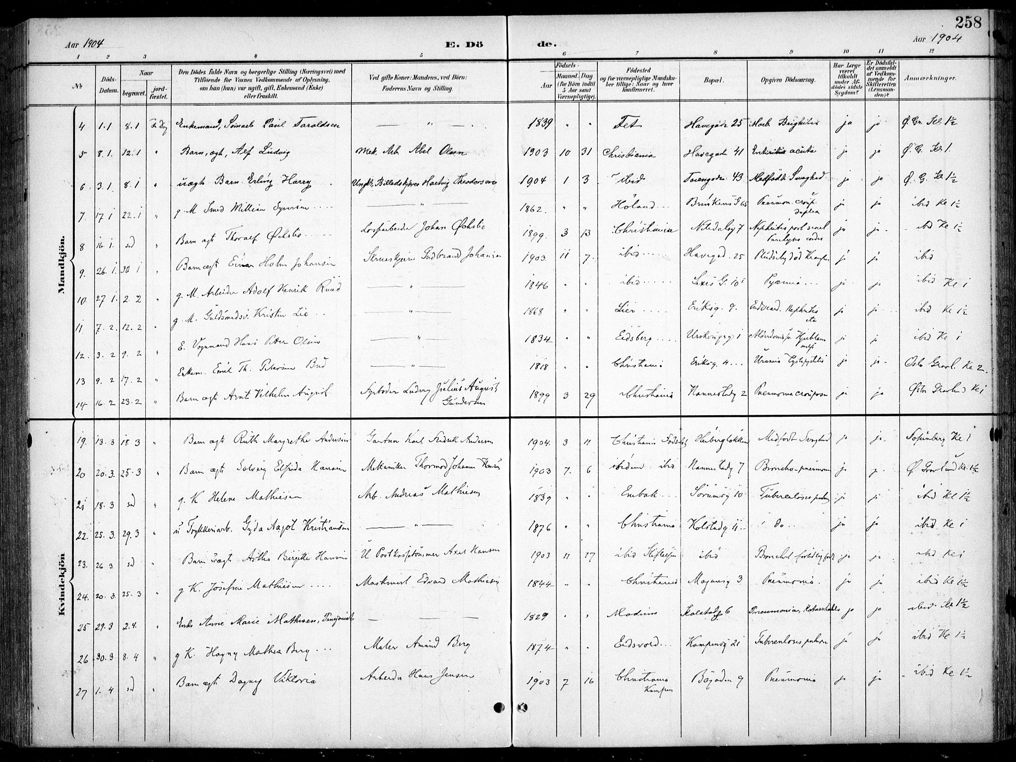 Kampen prestekontor Kirkebøker, AV/SAO-A-10853/F/Fa/L0009: Ministerialbok nr. I 9, 1899-1911, s. 258