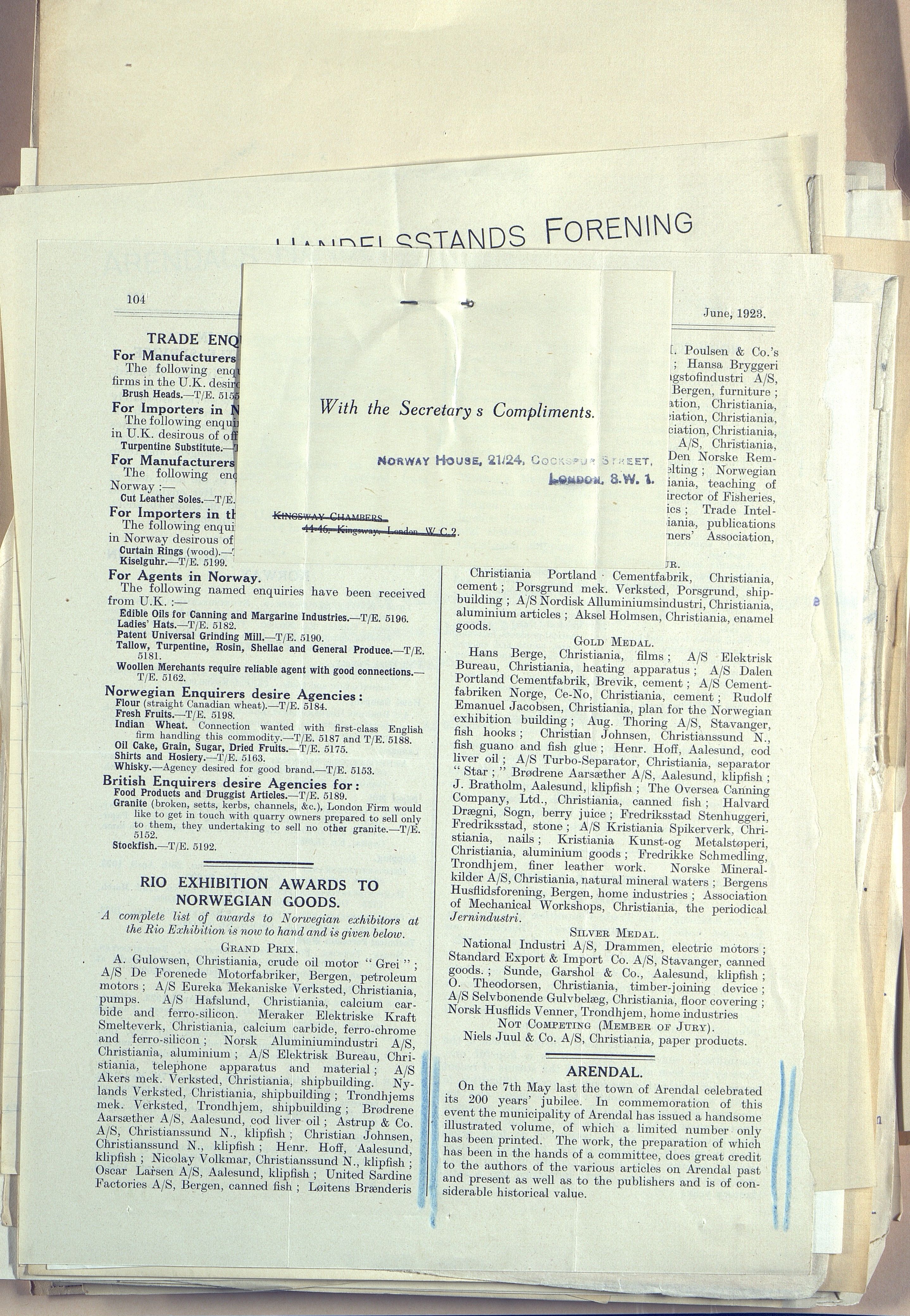 Arendals Byjubileum 1923, AAKS/KA0906-492/E/E01/L0001/0001: Arendals Byjubileum 1923 / Diverse telegrammer m.m. i forbindelse med Arendals byjubileum 1923 - 200 år, 1922-1924