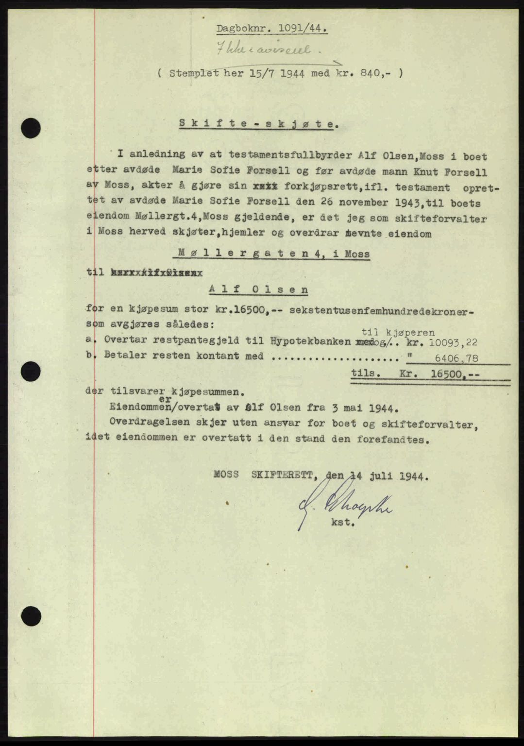 Moss sorenskriveri, SAO/A-10168: Pantebok nr. A12, 1943-1944, Dagboknr: 1091/1944