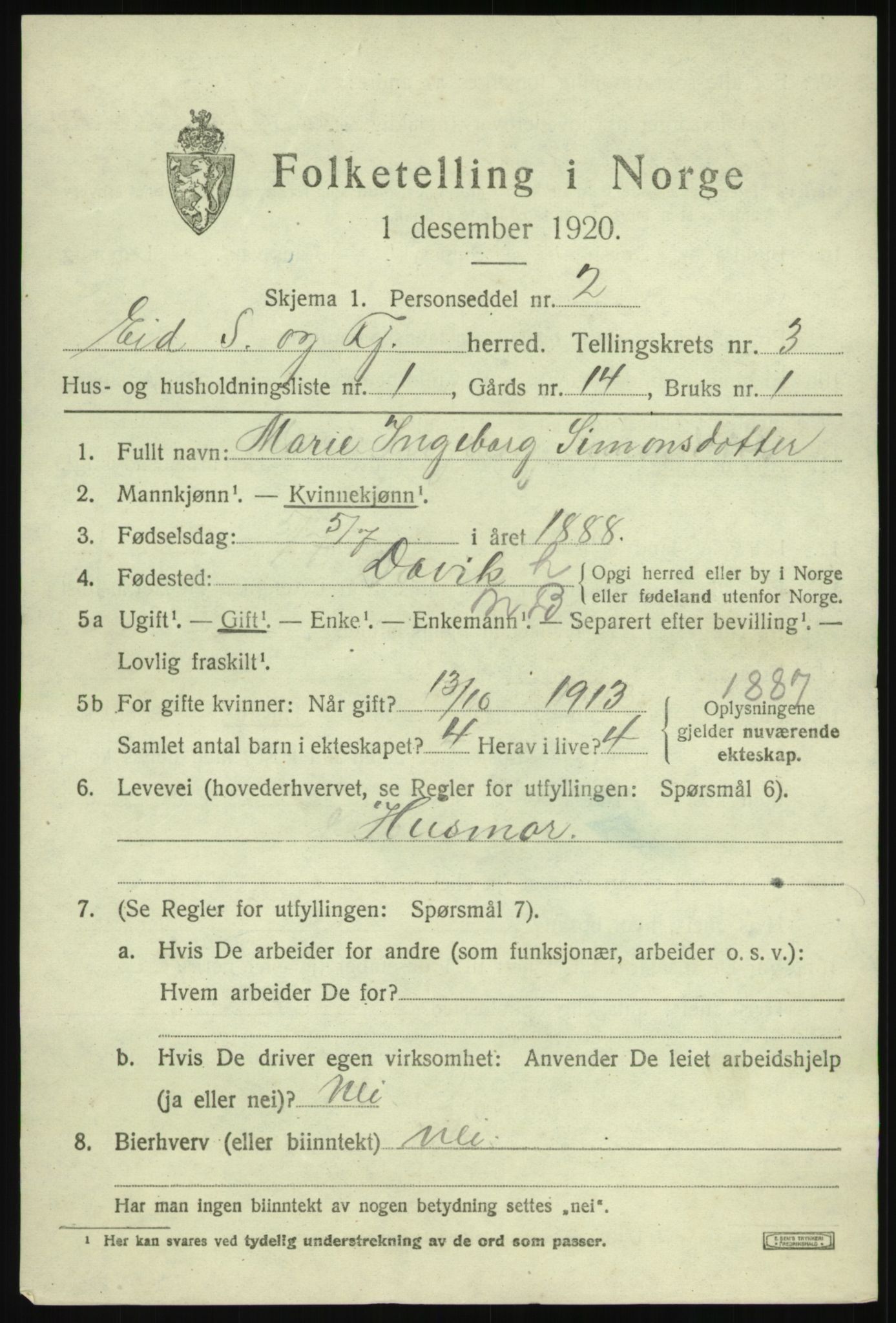 SAB, Folketelling 1920 for 1443 Eid herred, 1920, s. 2000