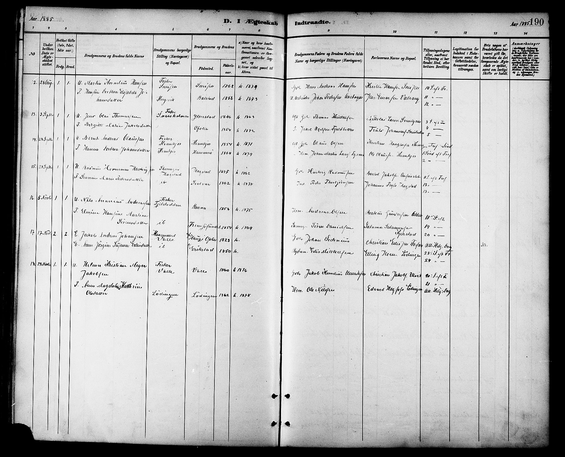 Ministerialprotokoller, klokkerbøker og fødselsregistre - Nordland, AV/SAT-A-1459/872/L1035: Ministerialbok nr. 872A10, 1884-1896, s. 190