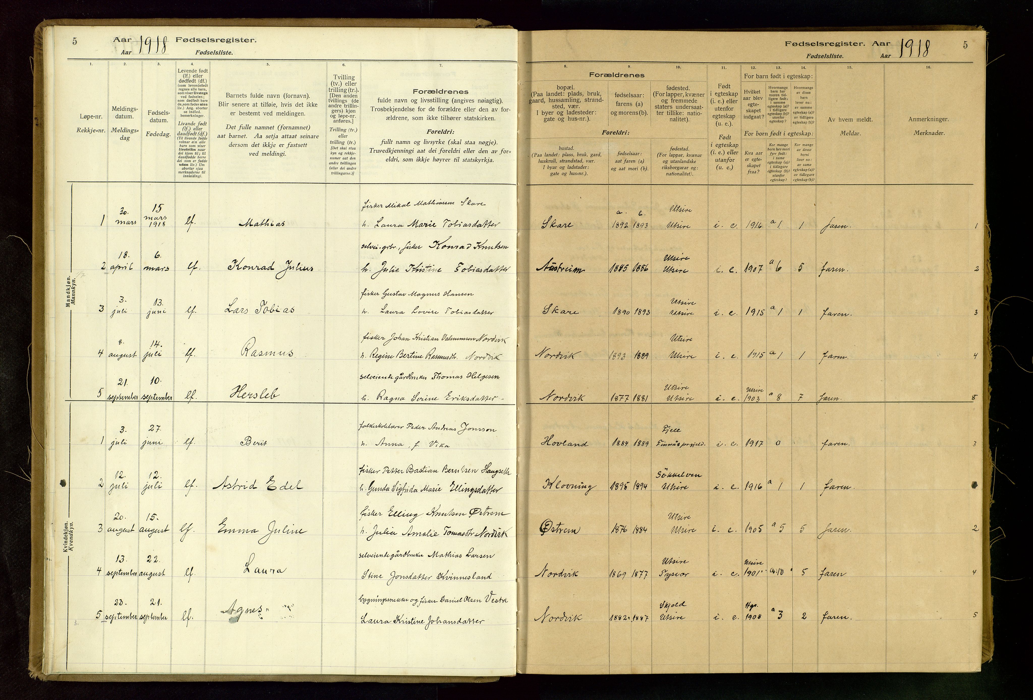 Torvastad sokneprestkontor, AV/SAST-A -101857/I/Id/L0001: Fødselsregister nr. 1, 1916-1982, s. 5