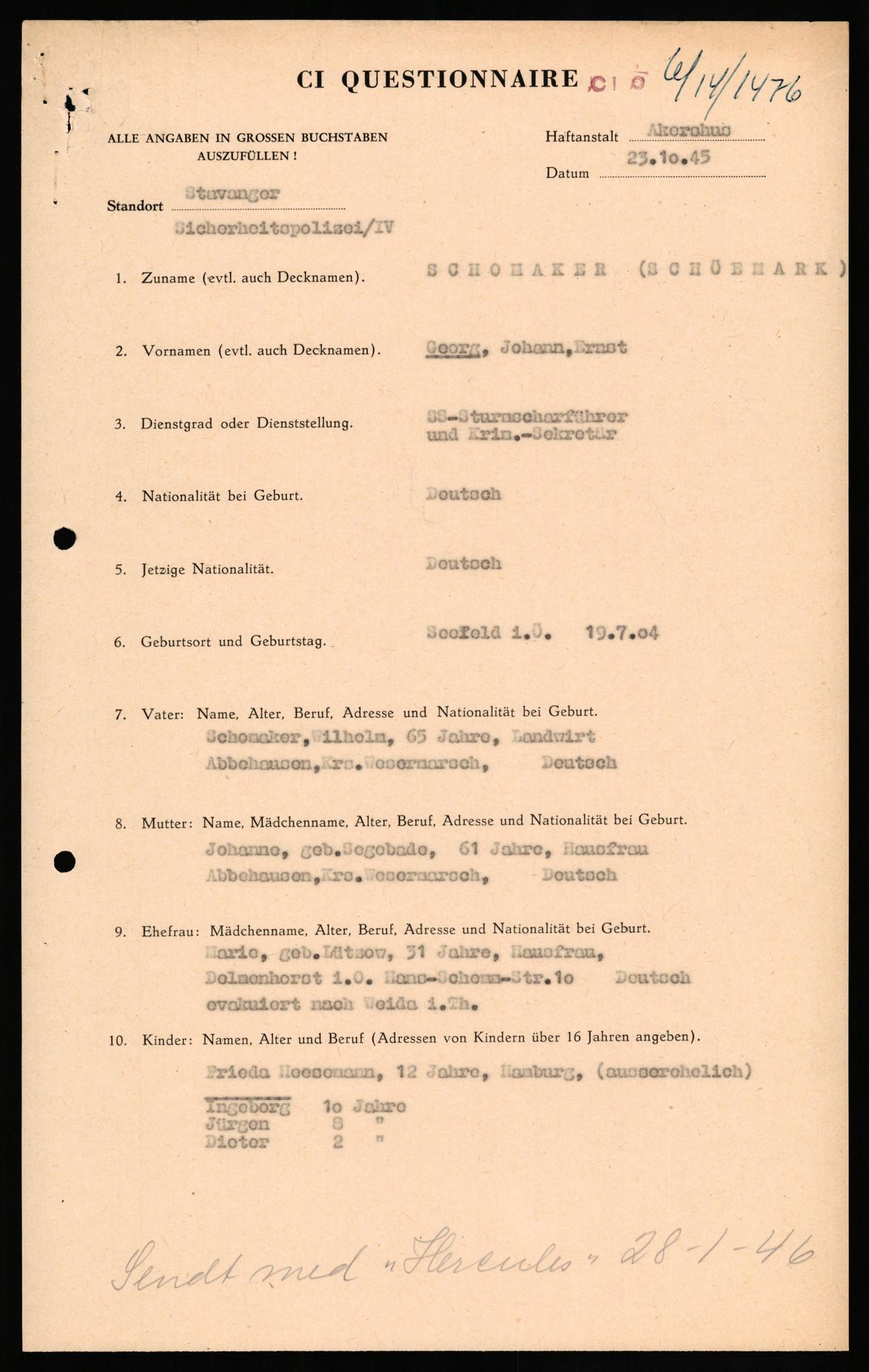 Forsvaret, Forsvarets overkommando II, AV/RA-RAFA-3915/D/Db/L0030: CI Questionaires. Tyske okkupasjonsstyrker i Norge. Tyskere., 1945-1946, s. 162