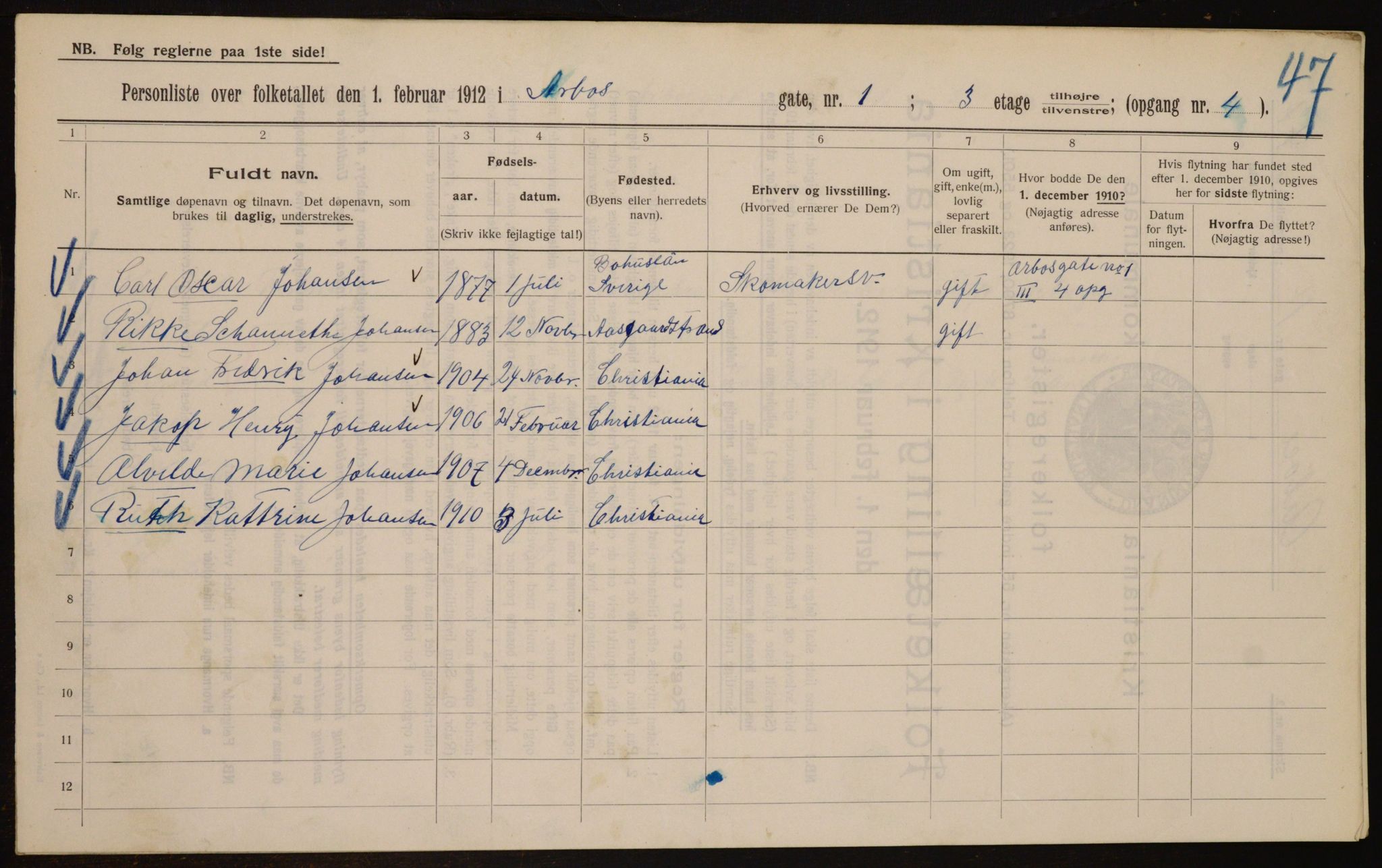 OBA, Kommunal folketelling 1.2.1912 for Kristiania, 1912, s. 1642