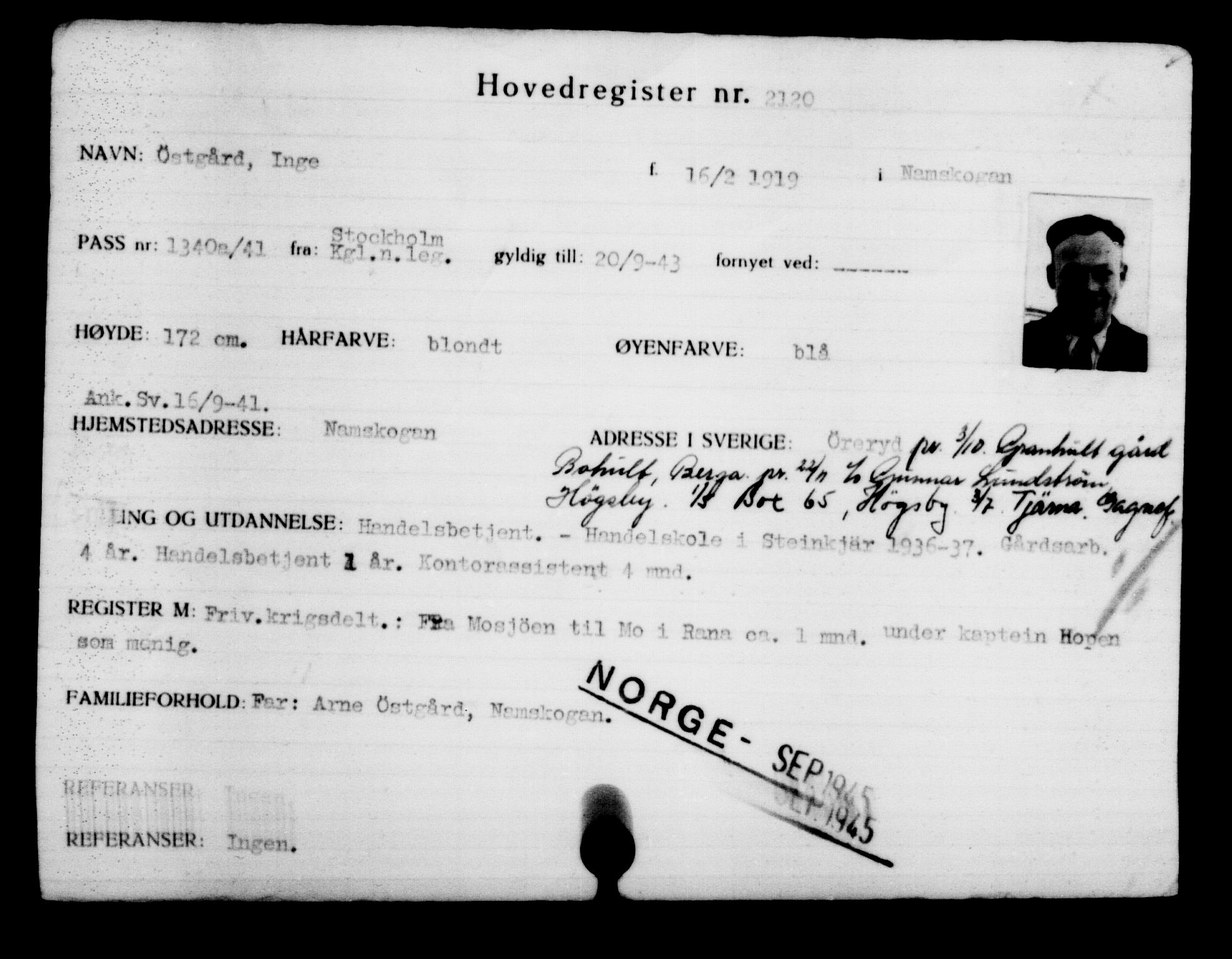 Utenriksstasjonene, Legasjonen i Stockholm, Flyktningkontoret, AV/RA-S-6753/V/Va/L0003: Kjesäterkartoteket, flyktninger med registreringsnr. 2001-3495, 1940-1945, s. 165