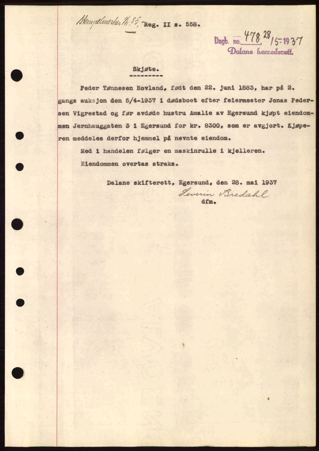 Dalane sorenskriveri, SAST/A-100309/02/G/Gb/L0041: Pantebok nr. A2, 1936-1937, Dagboknr: 478/1937