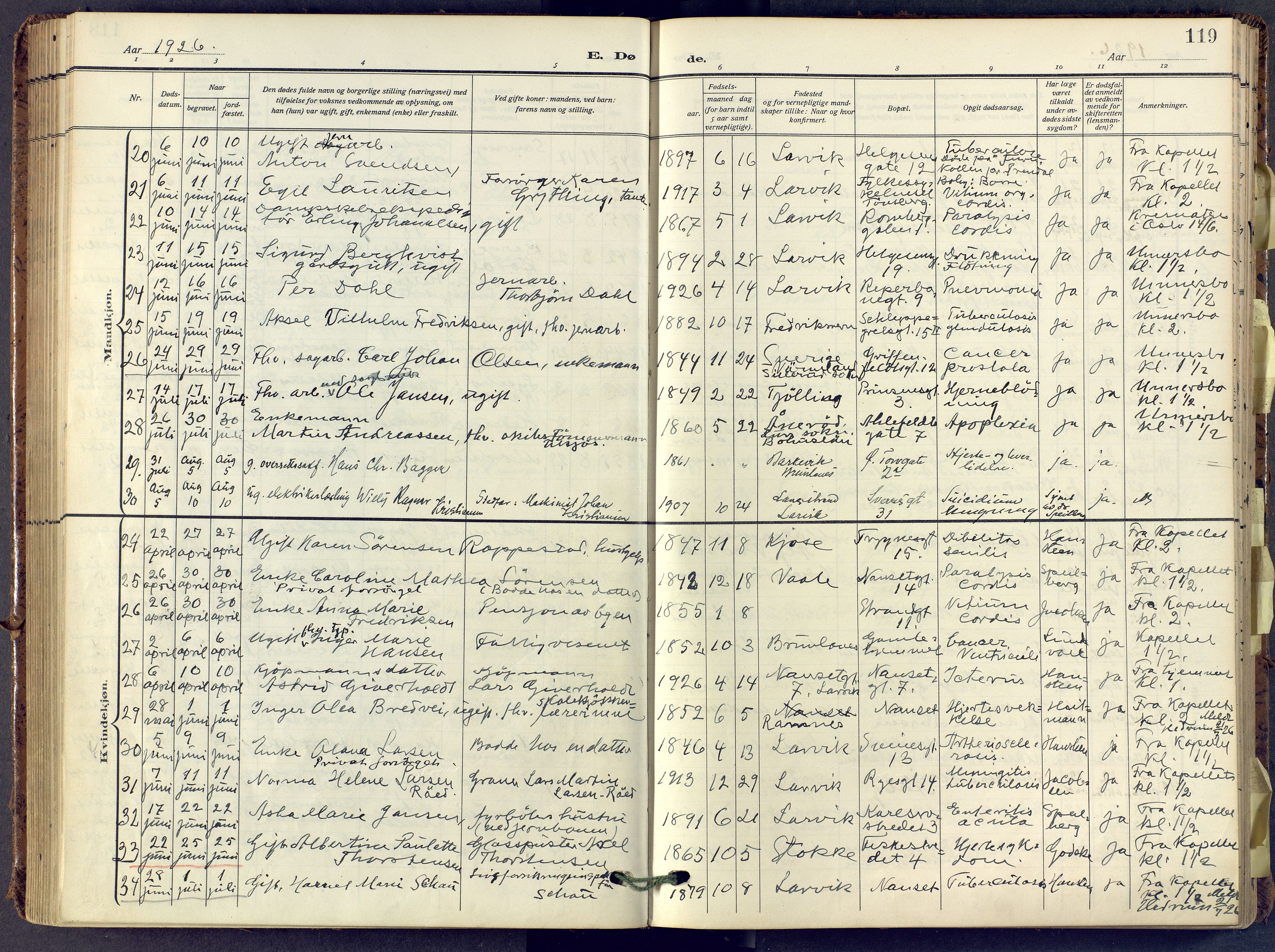 Larvik kirkebøker, AV/SAKO-A-352/F/Fa/L0013: Ministerialbok nr. I 13, 1910-1960, s. 119