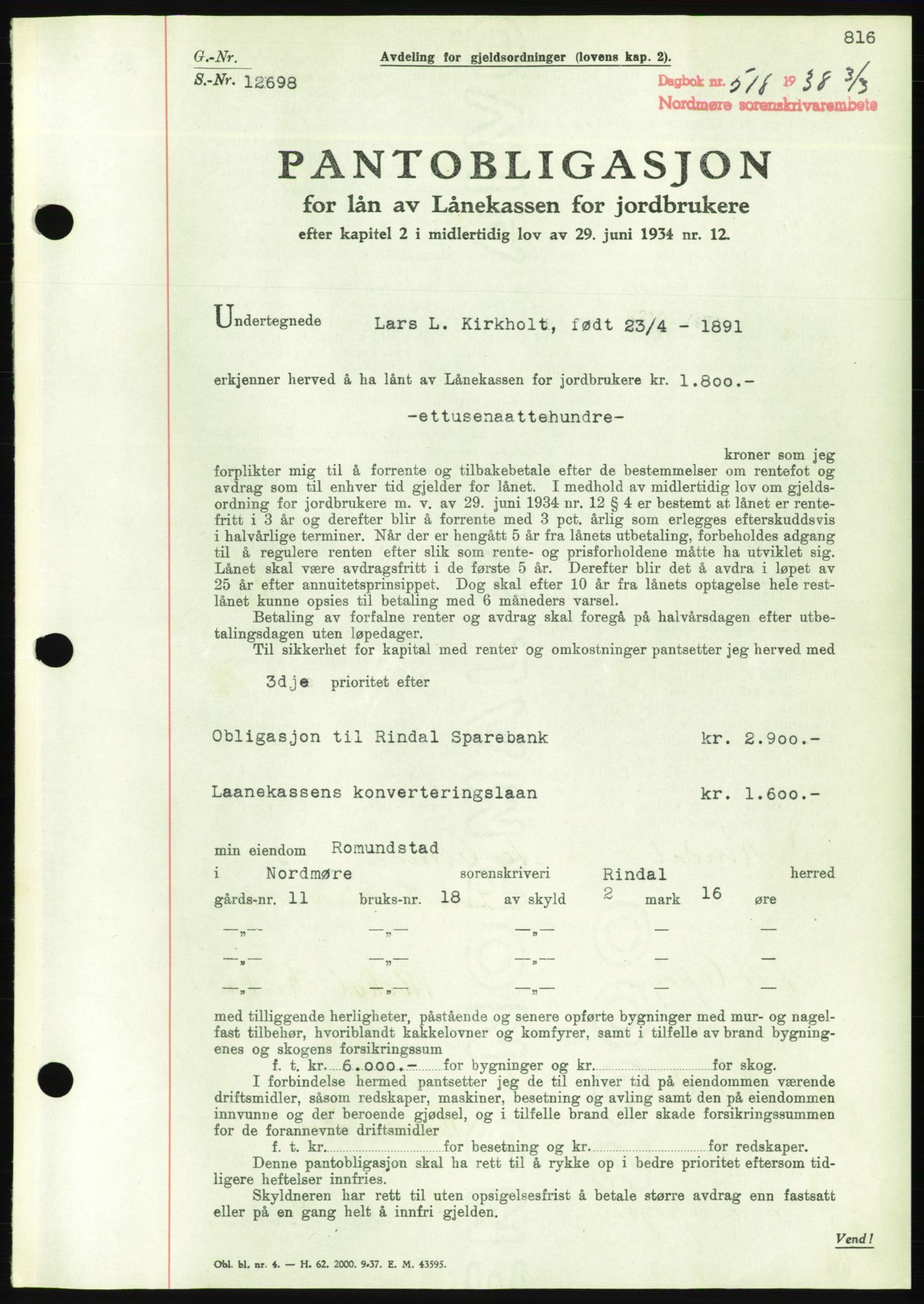 Nordmøre sorenskriveri, AV/SAT-A-4132/1/2/2Ca/L0092: Pantebok nr. B82, 1937-1938, Dagboknr: 518/1938