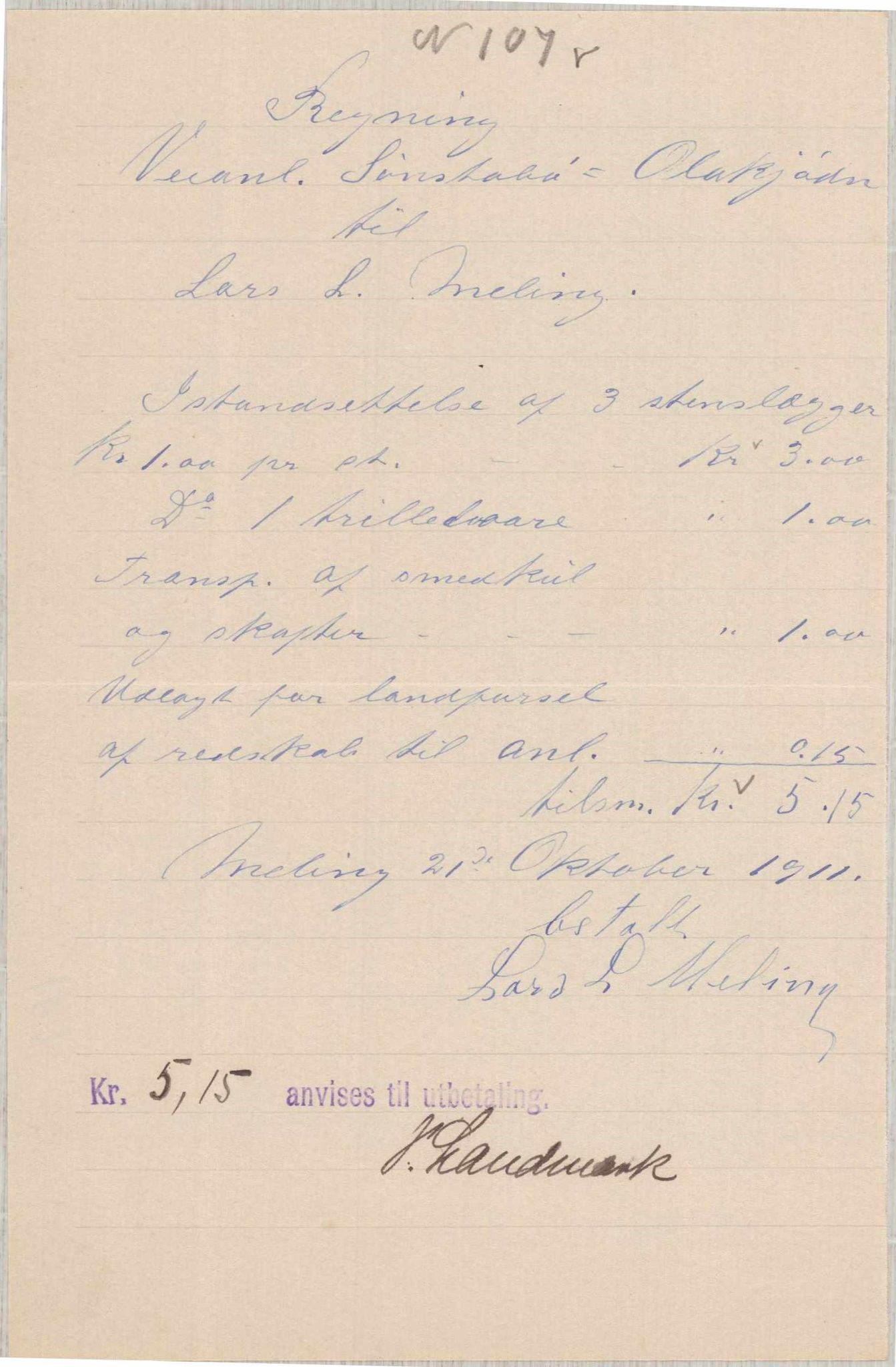 Finnaas kommune. Formannskapet, IKAH/1218a-021/E/Ea/L0001/0006: Rekneskap for veganlegg / Rekneskap for veganlegget Sønstabø - Olakjødn, 1909-1914, s. 87