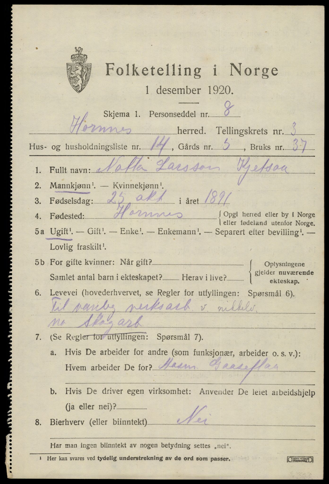 SAK, Folketelling 1920 for 0936 Hornnes herred, 1920, s. 977