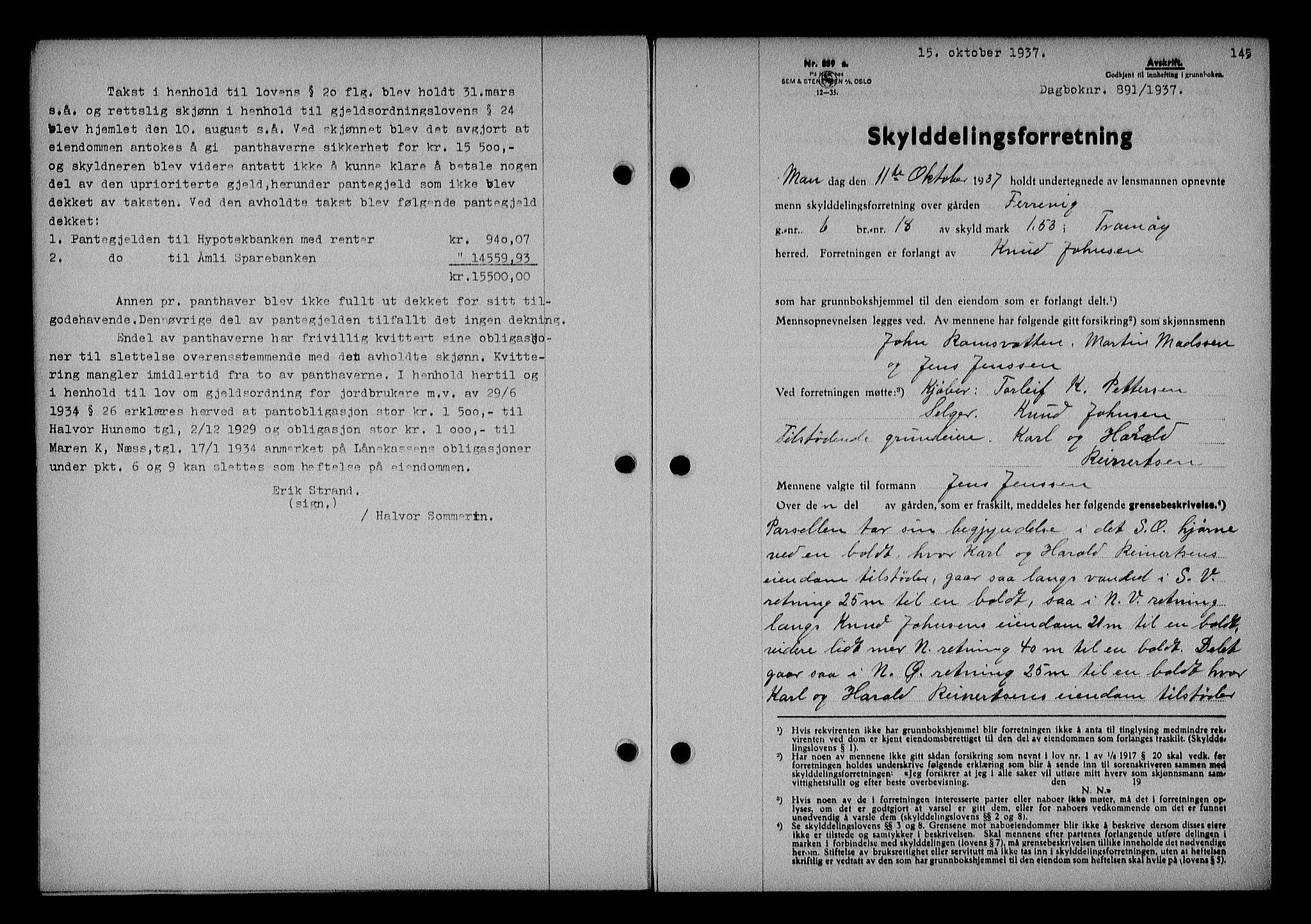 Nedenes sorenskriveri, AV/SAK-1221-0006/G/Gb/Gba/L0044: Pantebok nr. 40, 1937-1938, Dagboknr: 891/1937