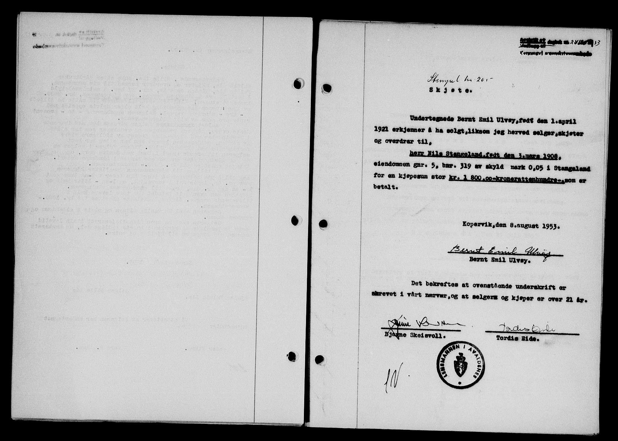 Karmsund sorenskriveri, SAST/A-100311/01/II/IIB/L0109: Pantebok nr. 89A, 1953-1953, Dagboknr: 2486/1953